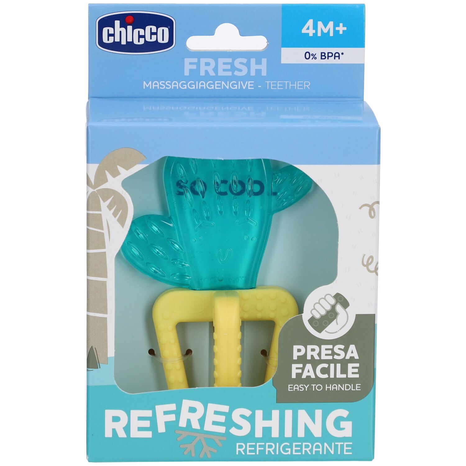 Blauwe en gele bijtring in verpakking. Tekst: Chicco, Fresh, 4M+, Refreshing, Presa Facile.