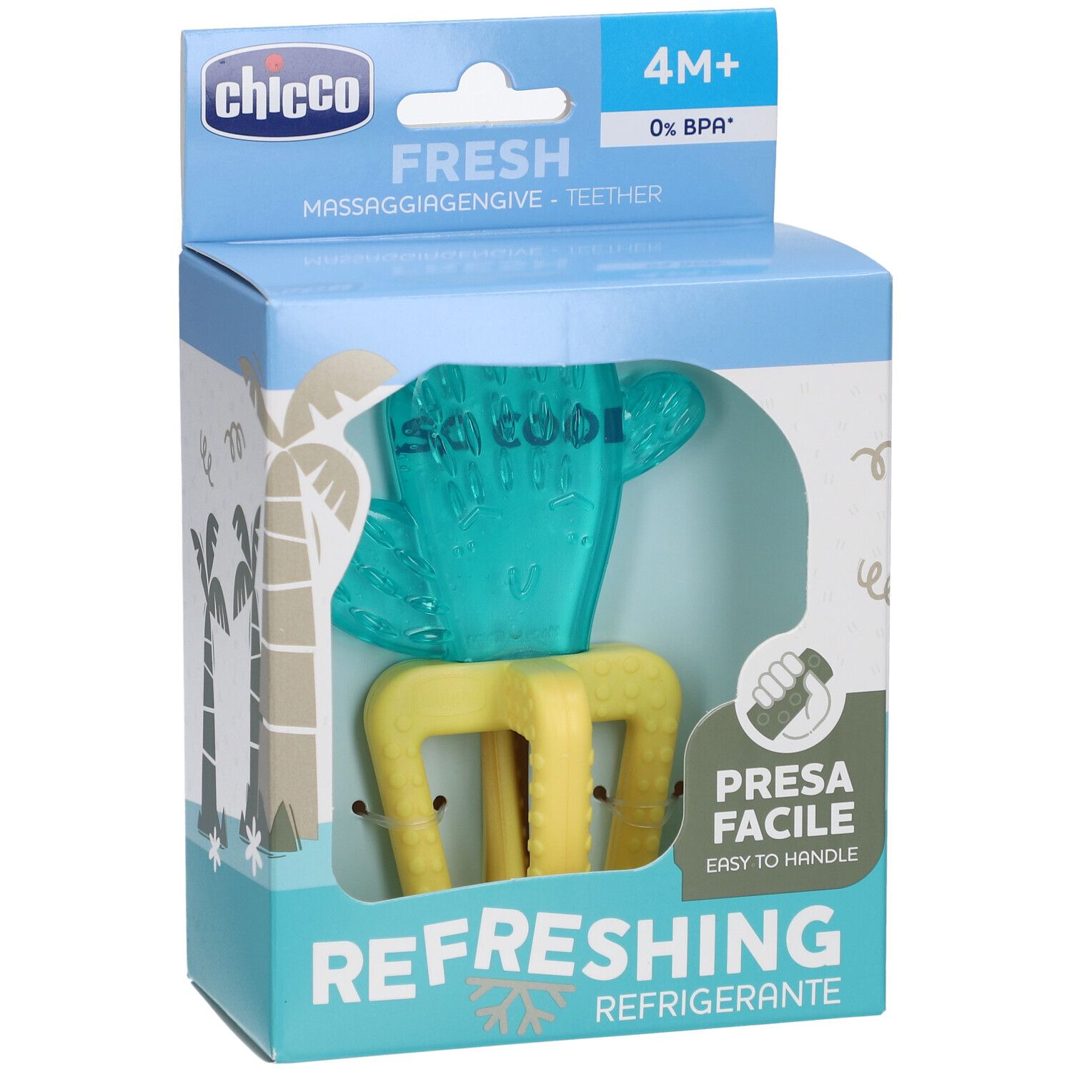 Blauwe en gele bijtring in verpakking. Tekst: Chicco, Fresh, 4M+, Refreshing, Presa Facile.