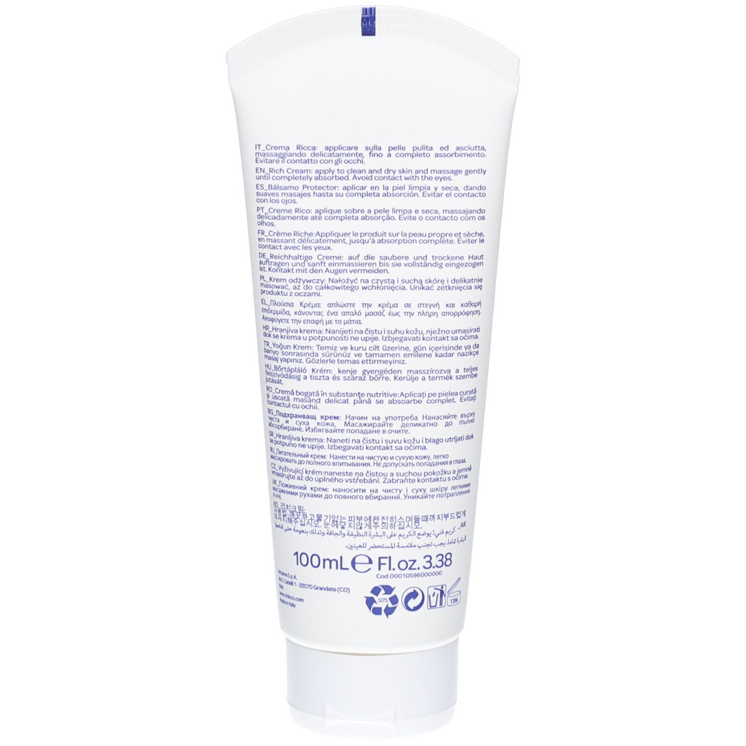 Achterkant van de witte tube. Tekst in meerdere talen. Bevat informatie over gebruik en ingrediënten.