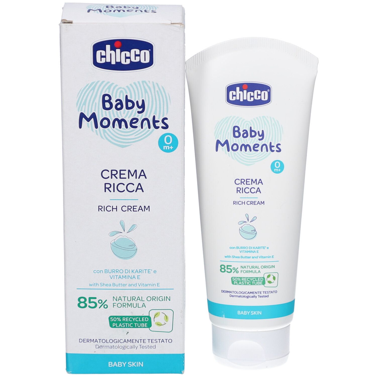 Productverpakking met tube en doos. Opschrift: Chicco Baby Moments Crème riche. 85% natuurlijke ingrediënten. Dermatologisch getest.