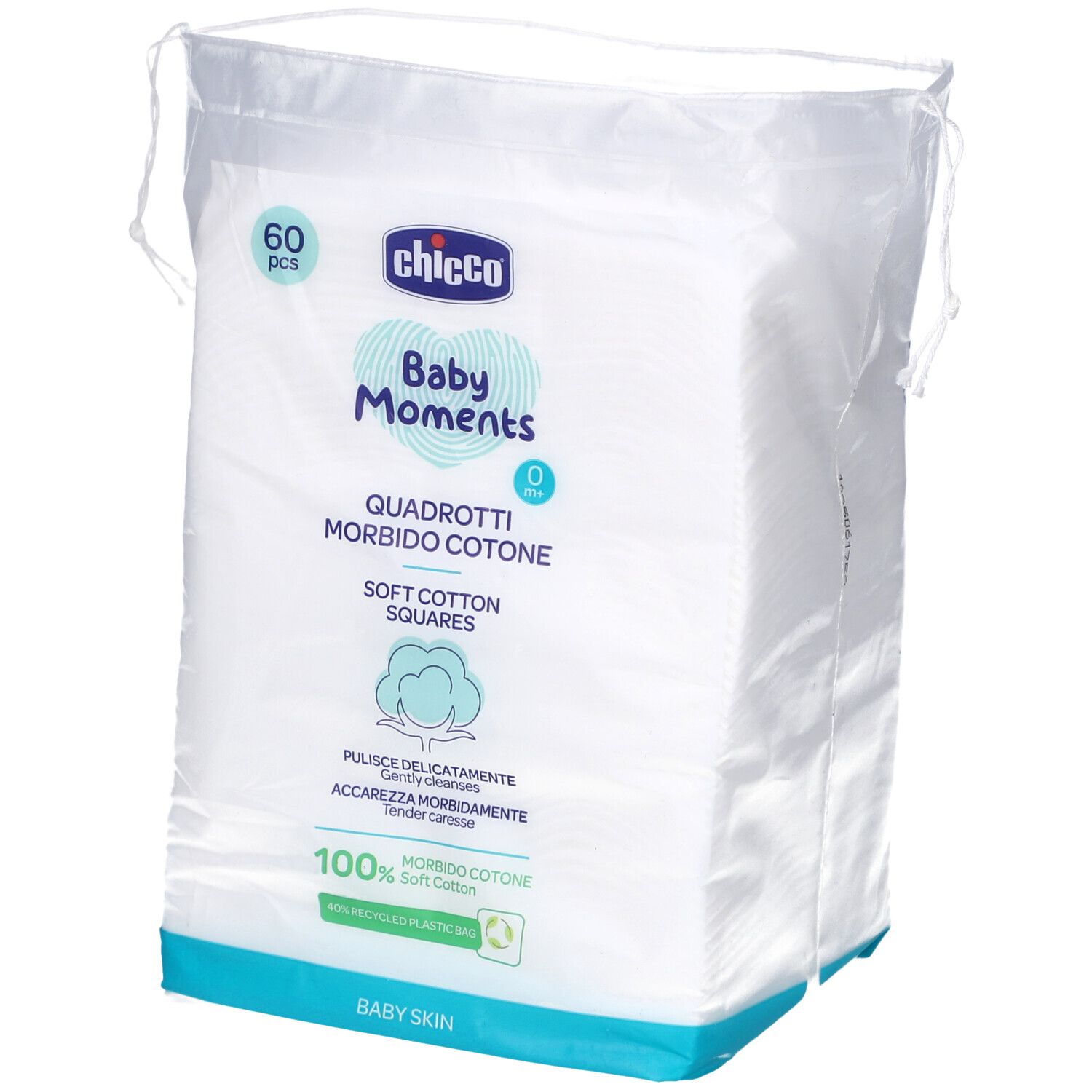 Paquet de carrés de coton. Inscription: Chicco Baby Moments, 60 pièces, 100 % coton pur.