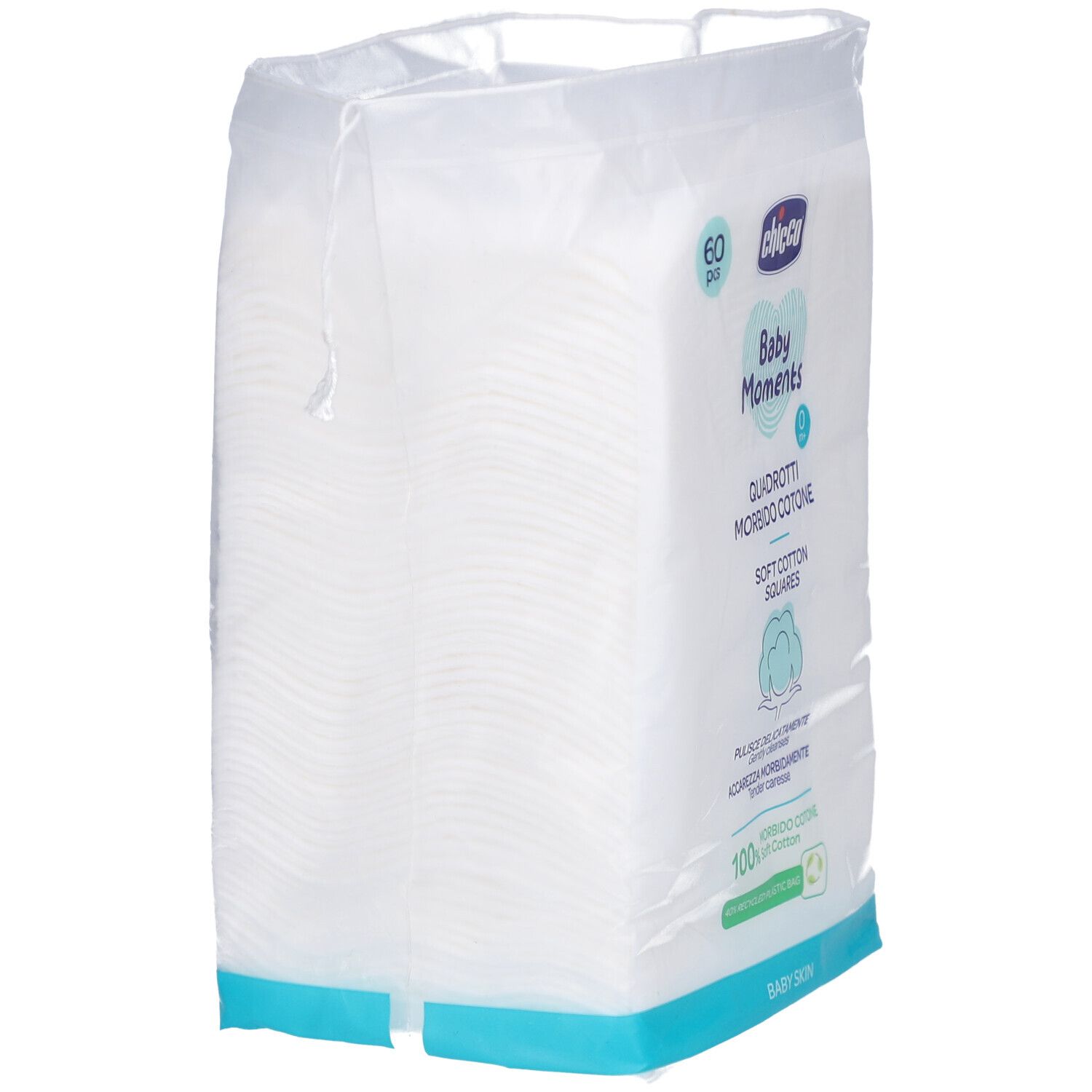 Paquet de carrés de coton, vue latérale. Inscription: Chicco Baby Moments, 60 pièces.