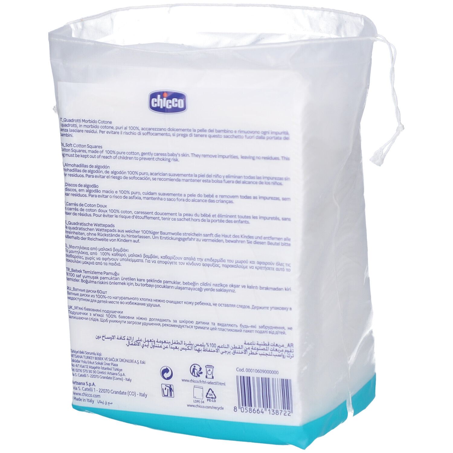 Dos du paquet de carrés de coton. Texte en plusieurs langues.