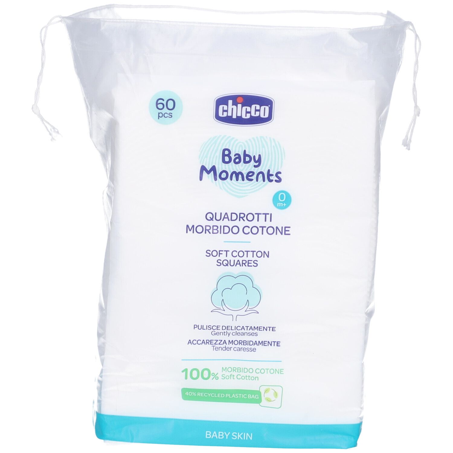 Paquet de carrés de coton. Inscription: Chicco Baby Moments, 60 pièces, 100 % coton pur.