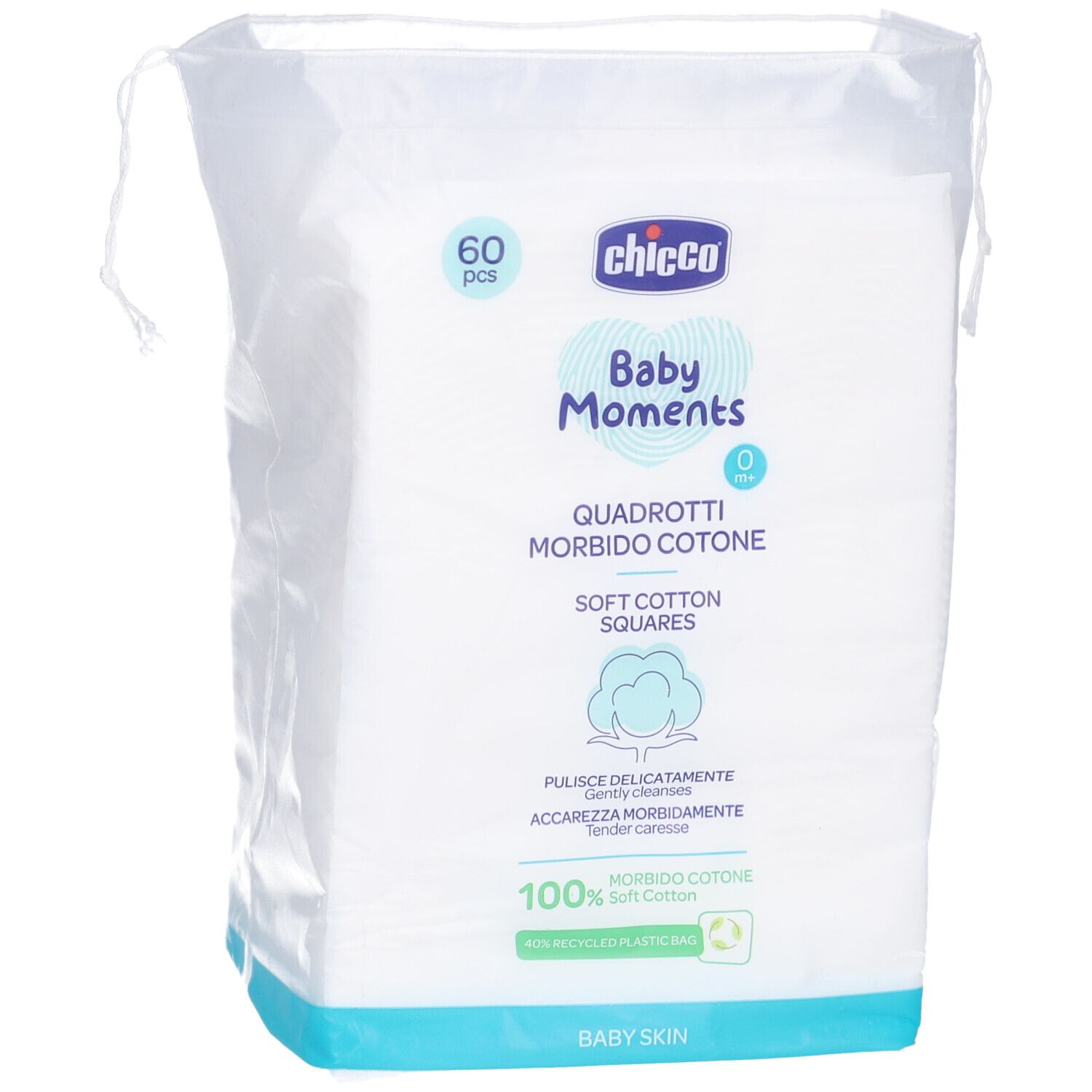Paquet de carrés de coton. Inscription: Chicco Baby Moments, 60 pièces, 100 % coton pur.