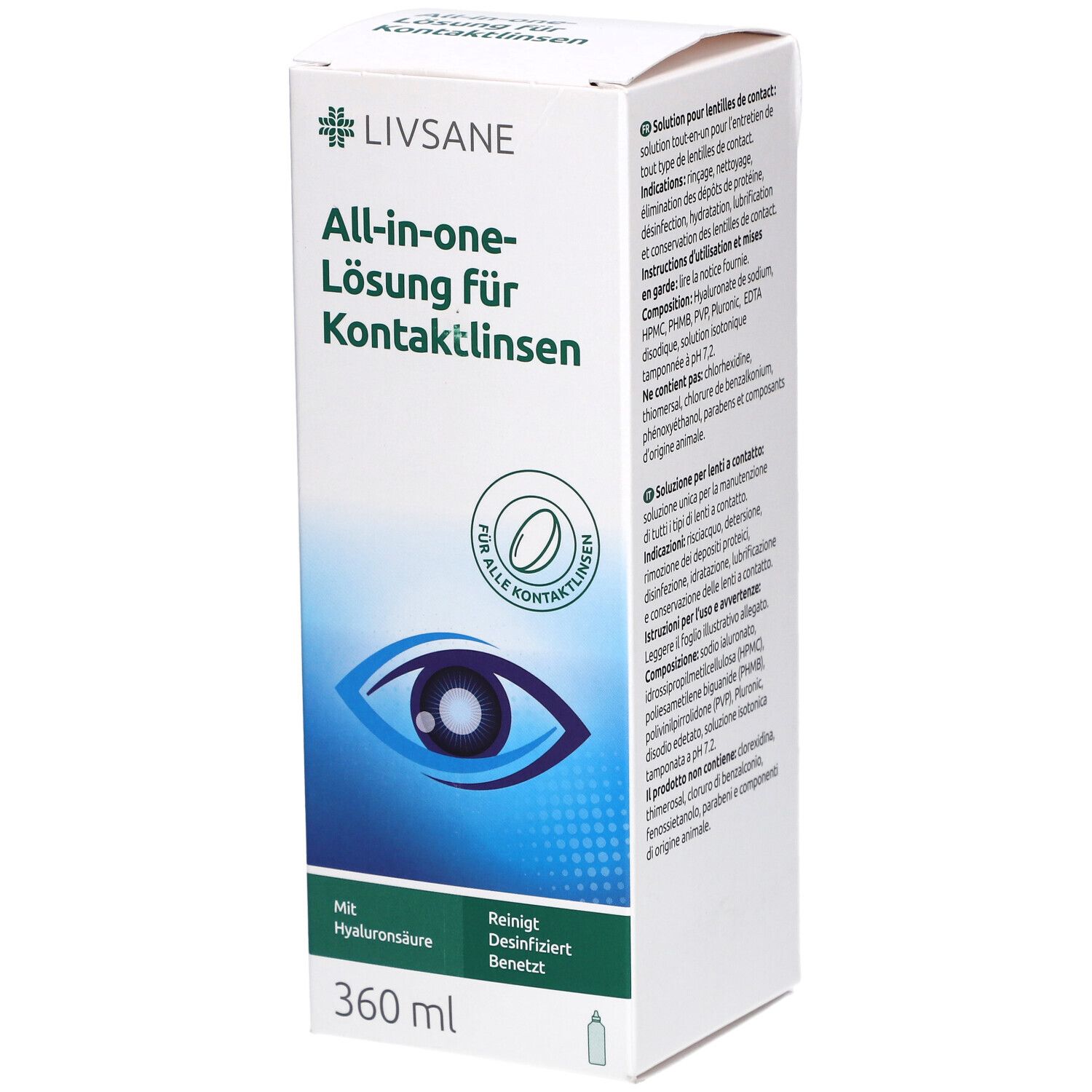 Witte doos met "Livsane" en "All-in-one-Lösung für Kontaktlinsen". Bevat 360 ml. Met hyaluronzuur.