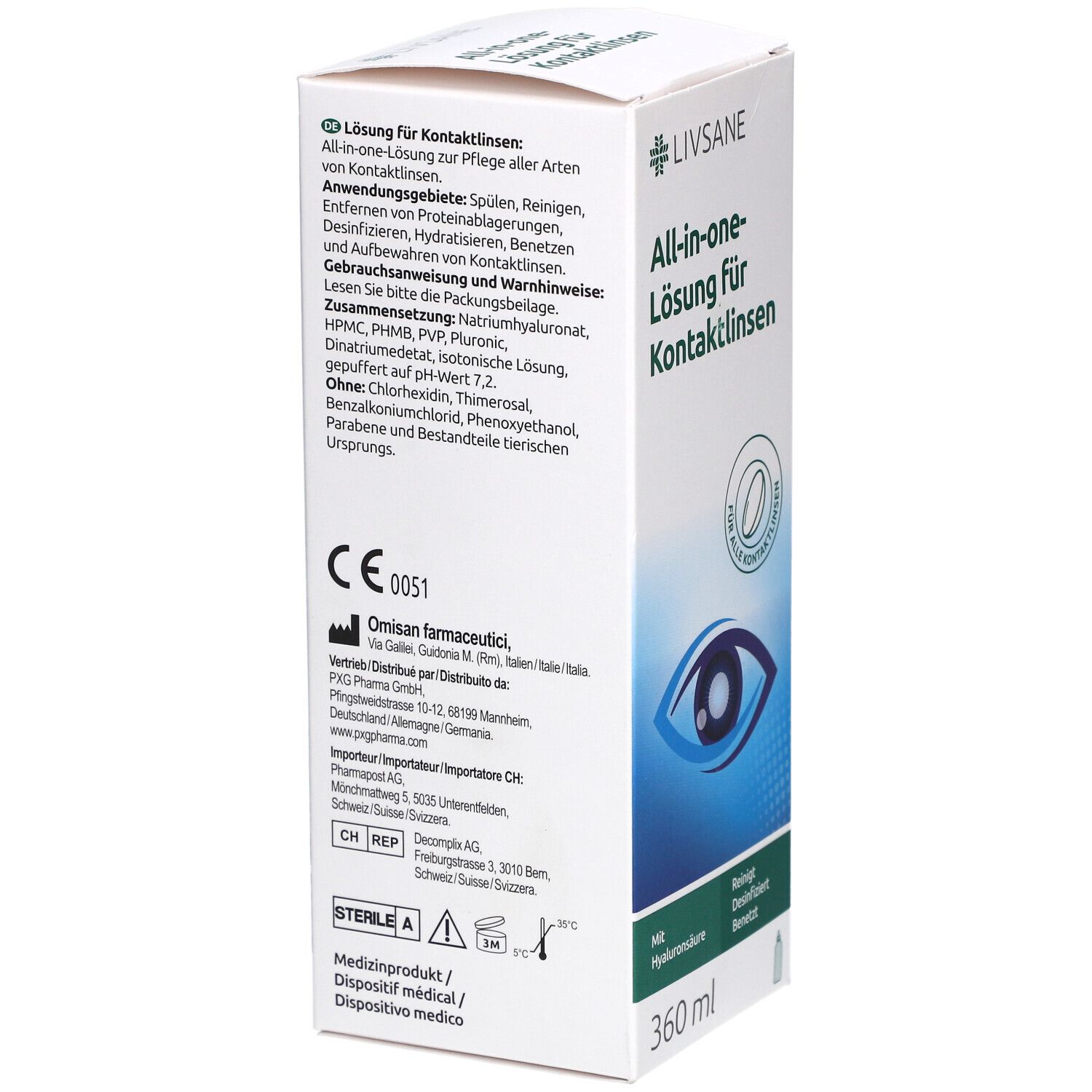 Doos met Duitse tekst. Informatie over gebruik, ingrediënten en waarschuwingen. Met CE-markering.