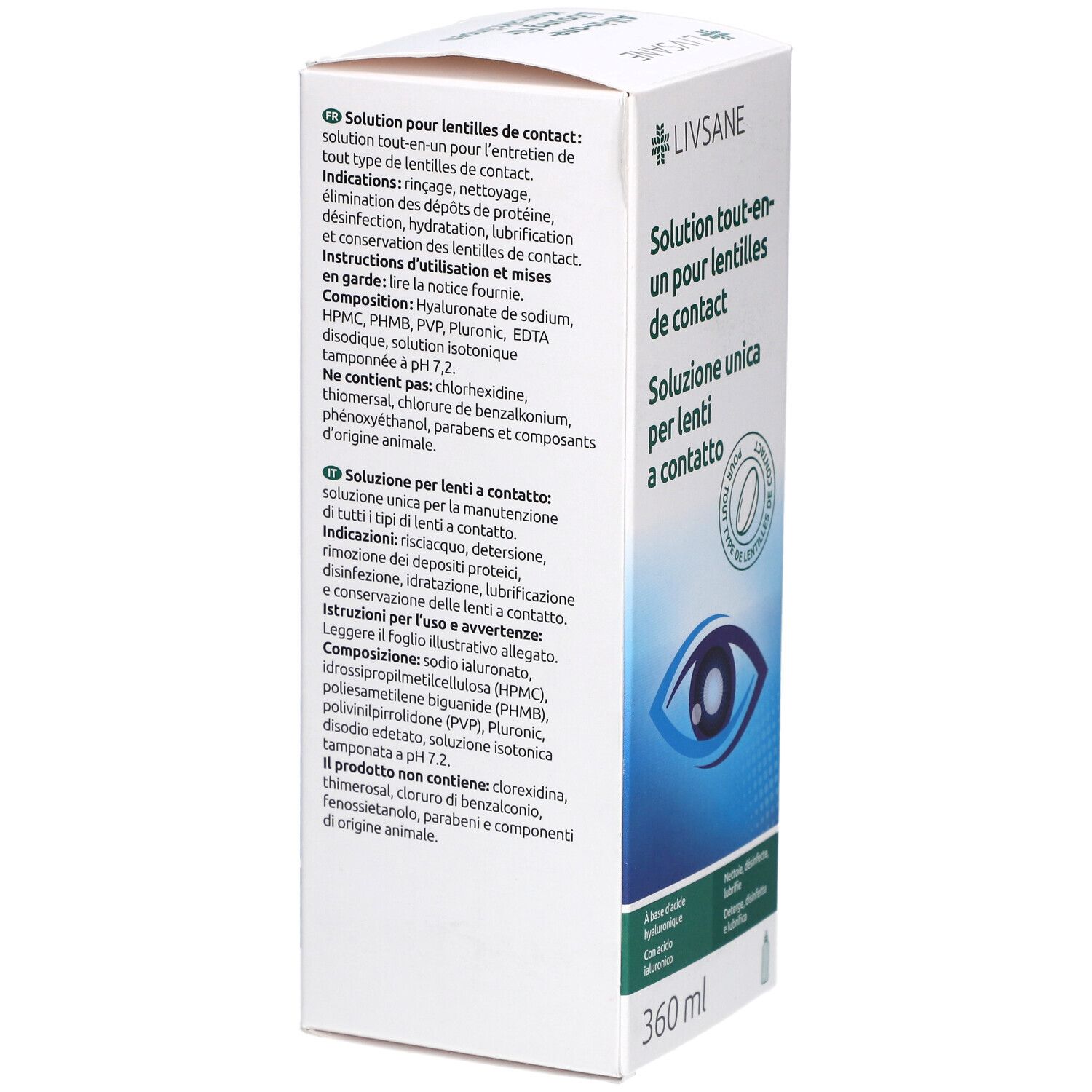 Doos met tekst in het Duits, Frans en Italiaans. Informatie over gebruik. Met CE-markering.