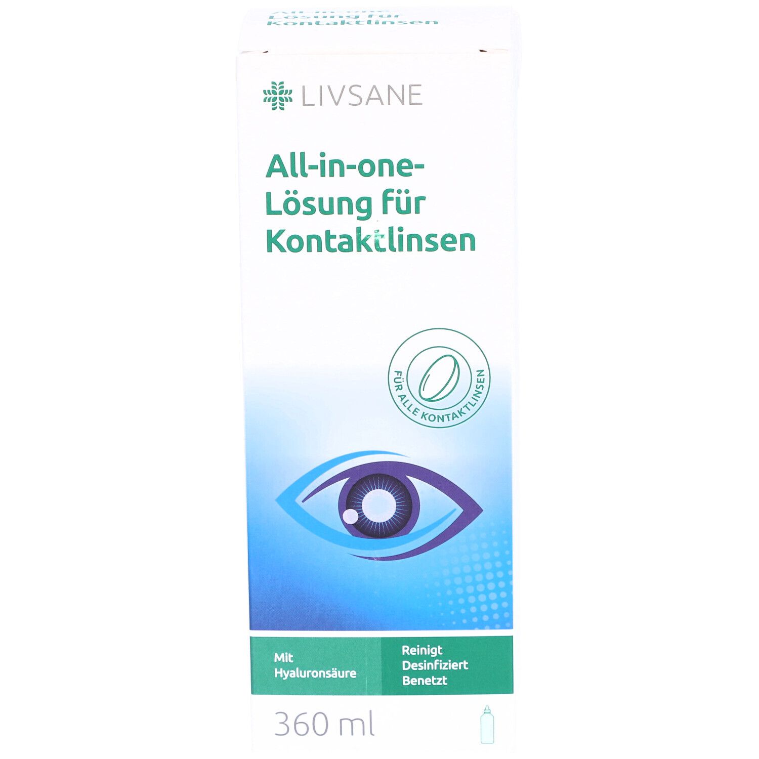 Witte doos met "Livsane" en "All-in-one-Lösung für Kontaktlinsen". Bevat 360 ml. Met hyaluronzuur.