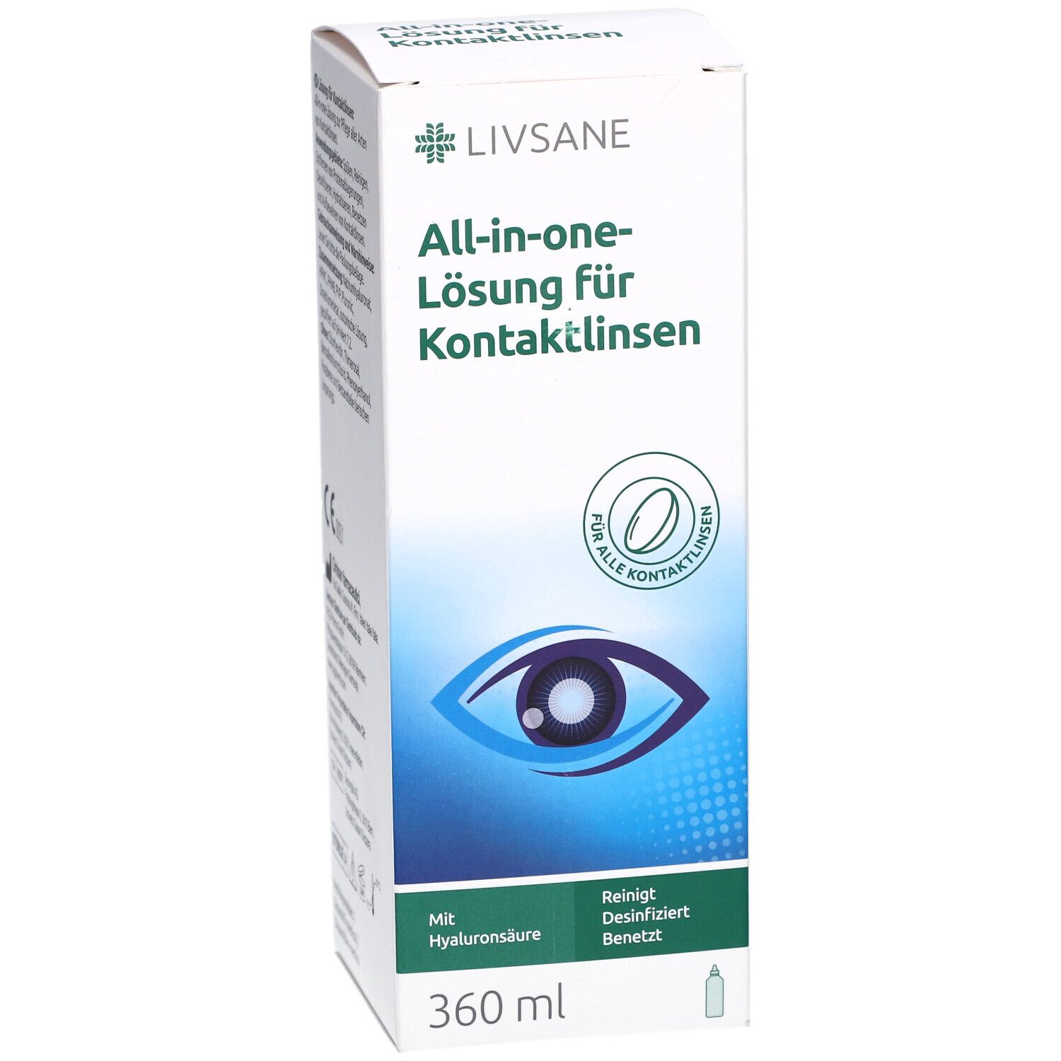 Witte doos met "Livsane" en "All-in-one-Lösung für Kontaktlinsen". Bevat 360 ml. Met hyaluronzuur.