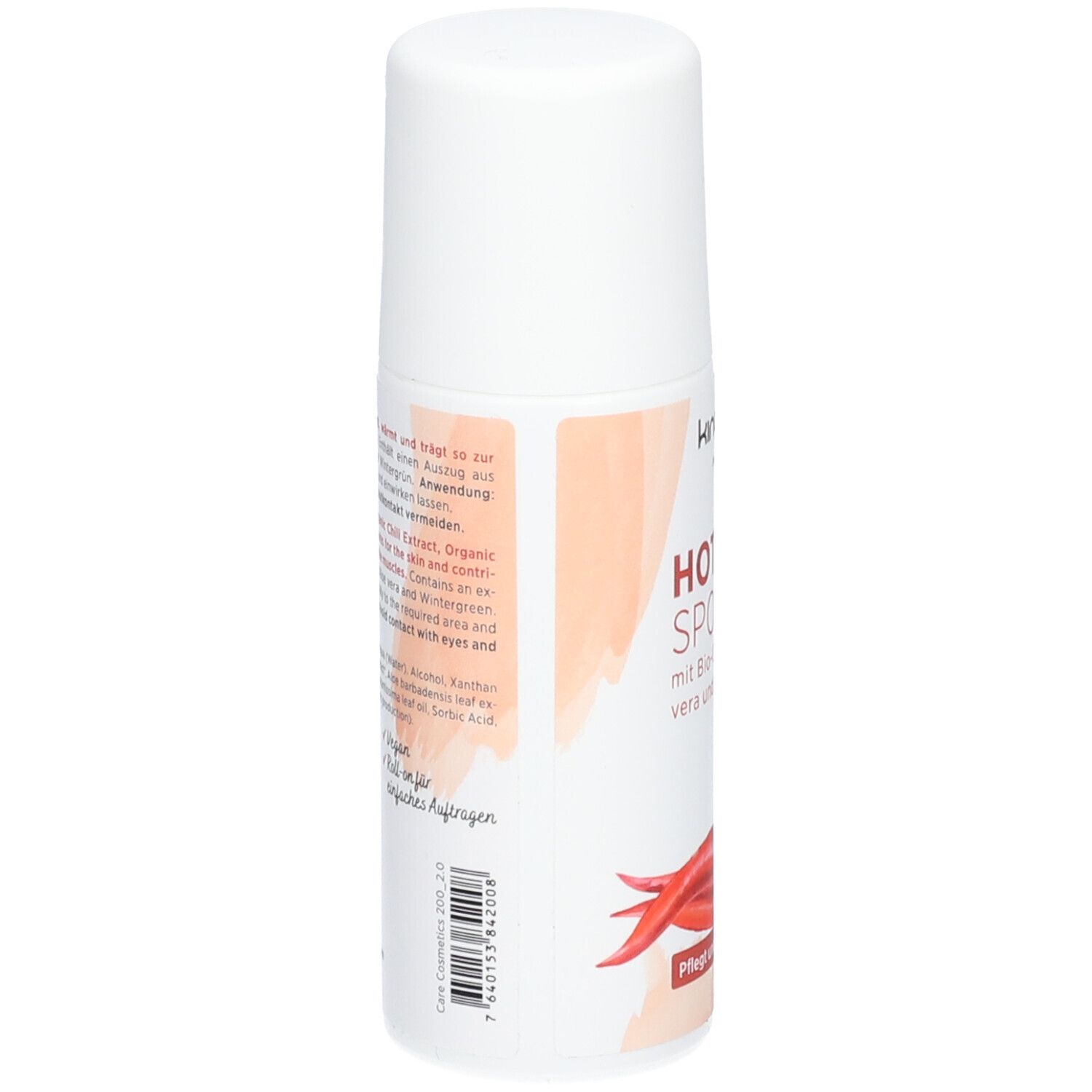 Flacon avec bouchon blanc, inscription "HOT SPORT" et illustration de piment.