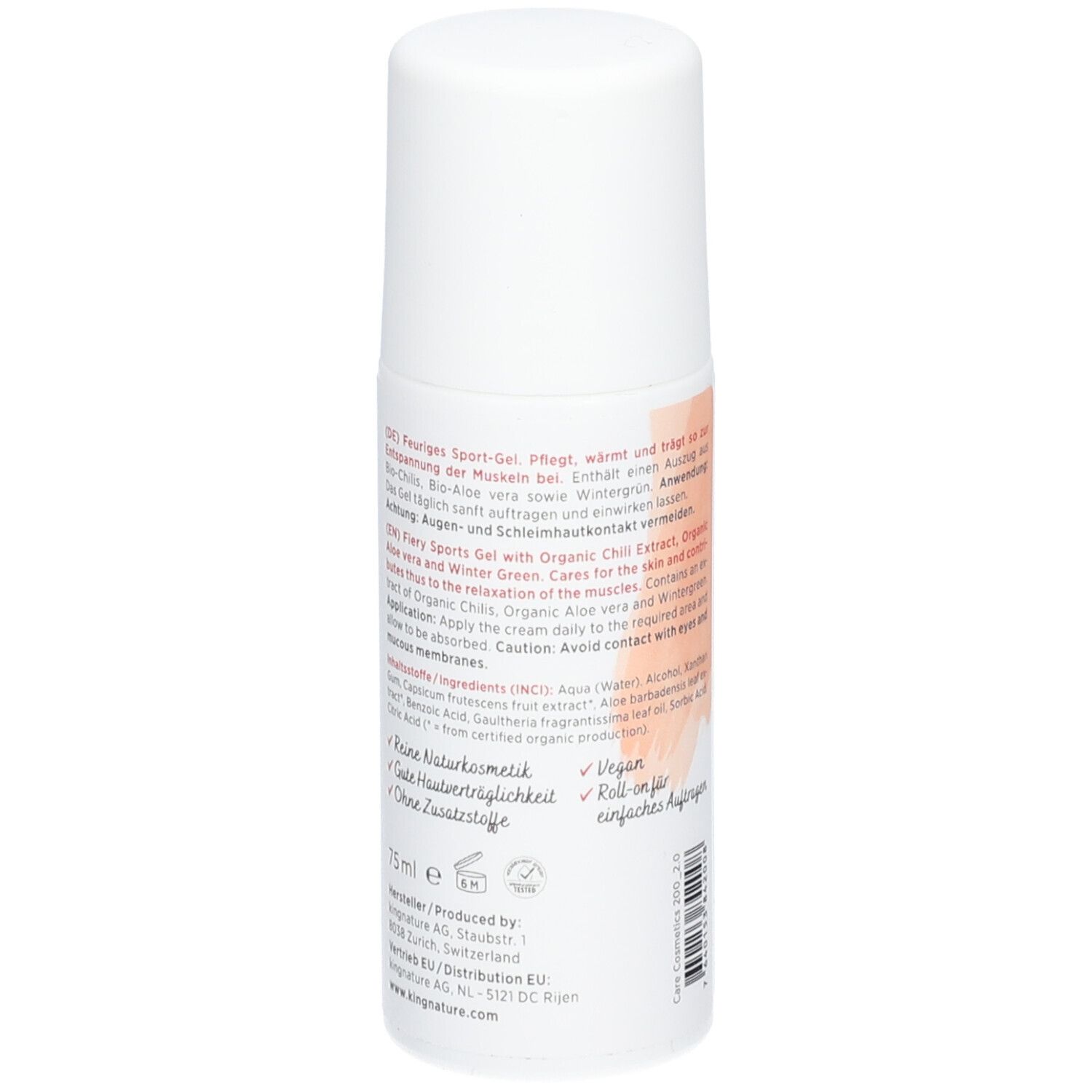 Flacon roll-on blanc avec étiquette décrivant les ingrédients et l'utilisation. 75ml.