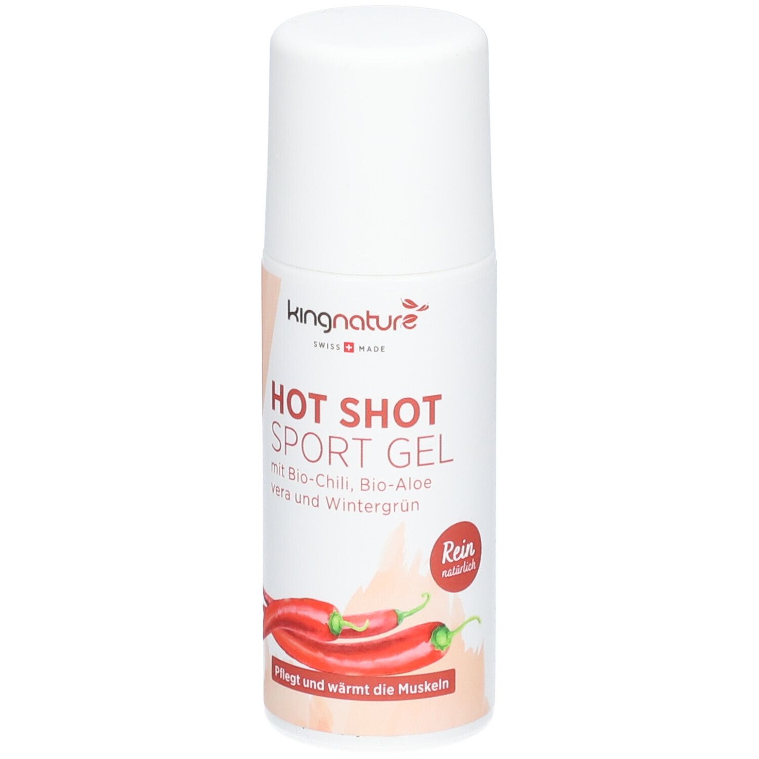 Flacon blanc avec inscription "kingnature HOT SHOT SPORT GEL", illustration de piment et sceau "Rein natürlich".