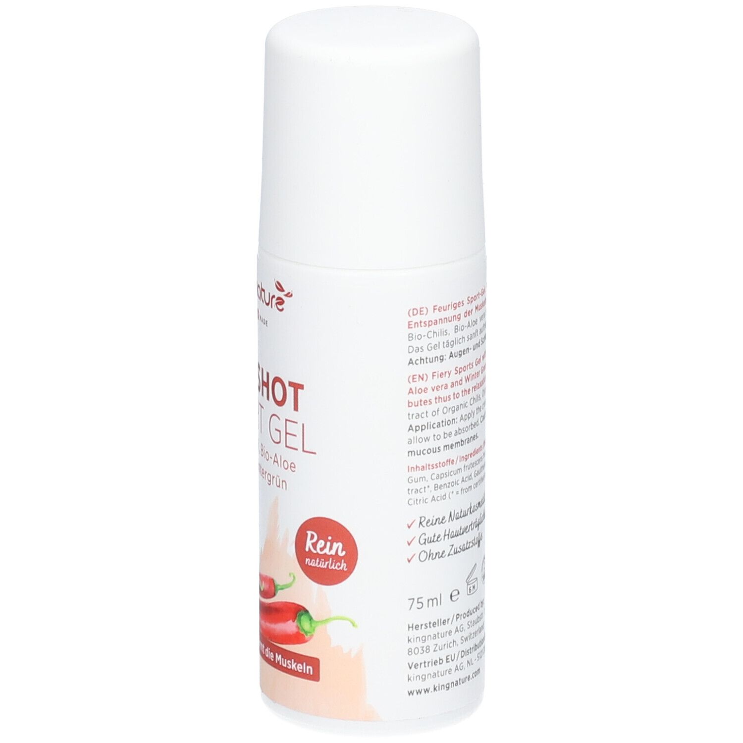Flacon de 75ml avec inscription "HOT SHOT GEL", motif Aloe Vera et piment.