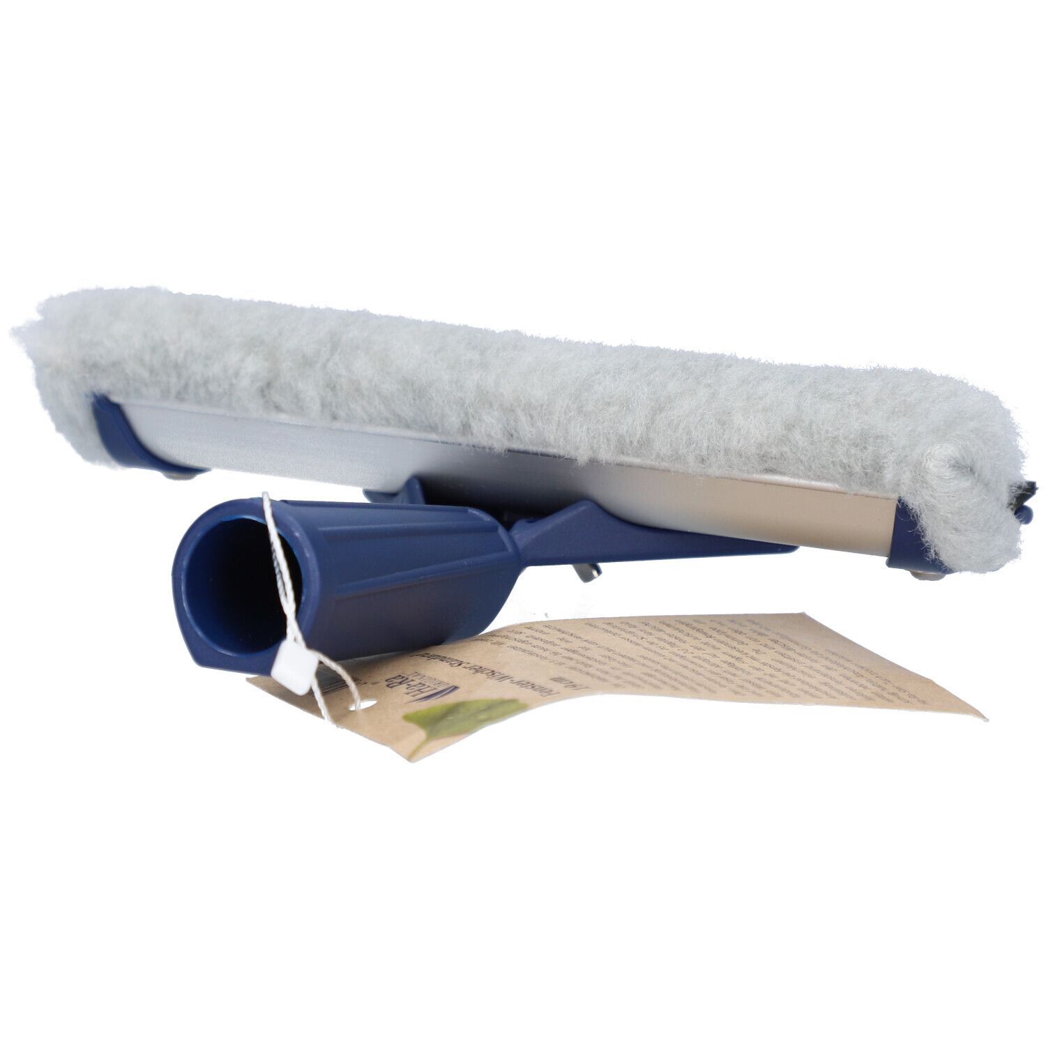 Raamwisser met blauwe handgreep en grijze wisser. Een etiket is bevestigd.