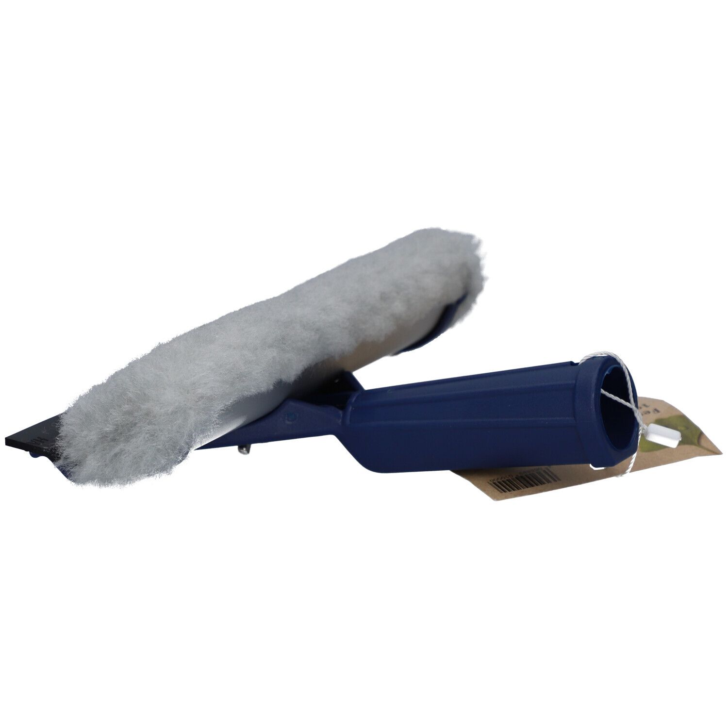 Raamwisser met blauwe handgreep en grijze wisser. Een etiket is bevestigd.
