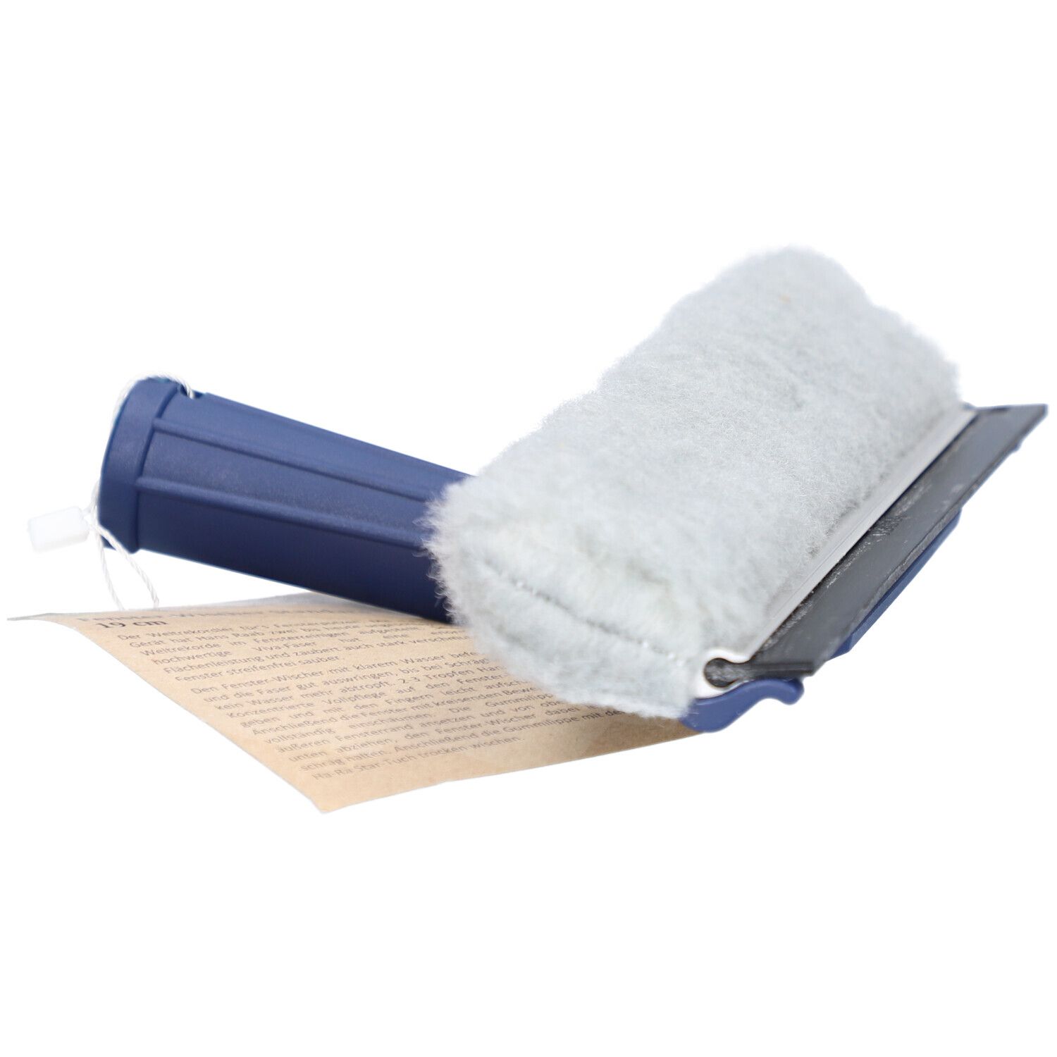 Raamwisser met blauwe handgreep en grijze wisser. Een etiket is bevestigd.