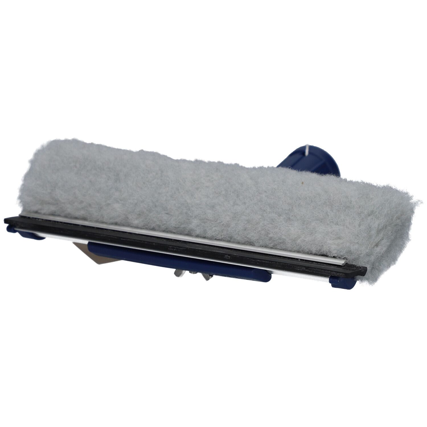 Raamwisser met blauwe handgreep en grijze wisser. Een etiket is bevestigd.