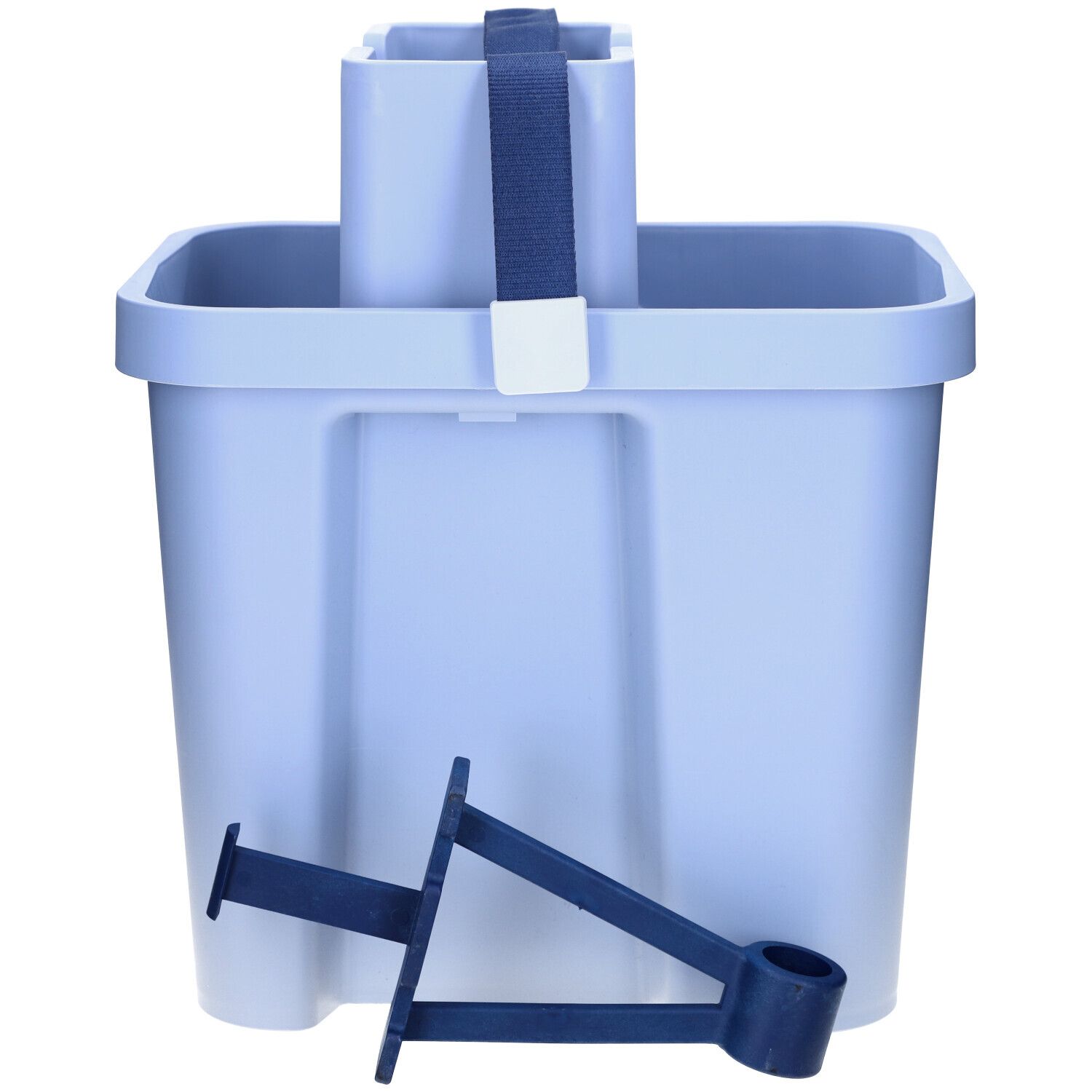 Seau bleu clair avec insert bleu et presse-agrumes bleu. Le seau a une poignée et un support.