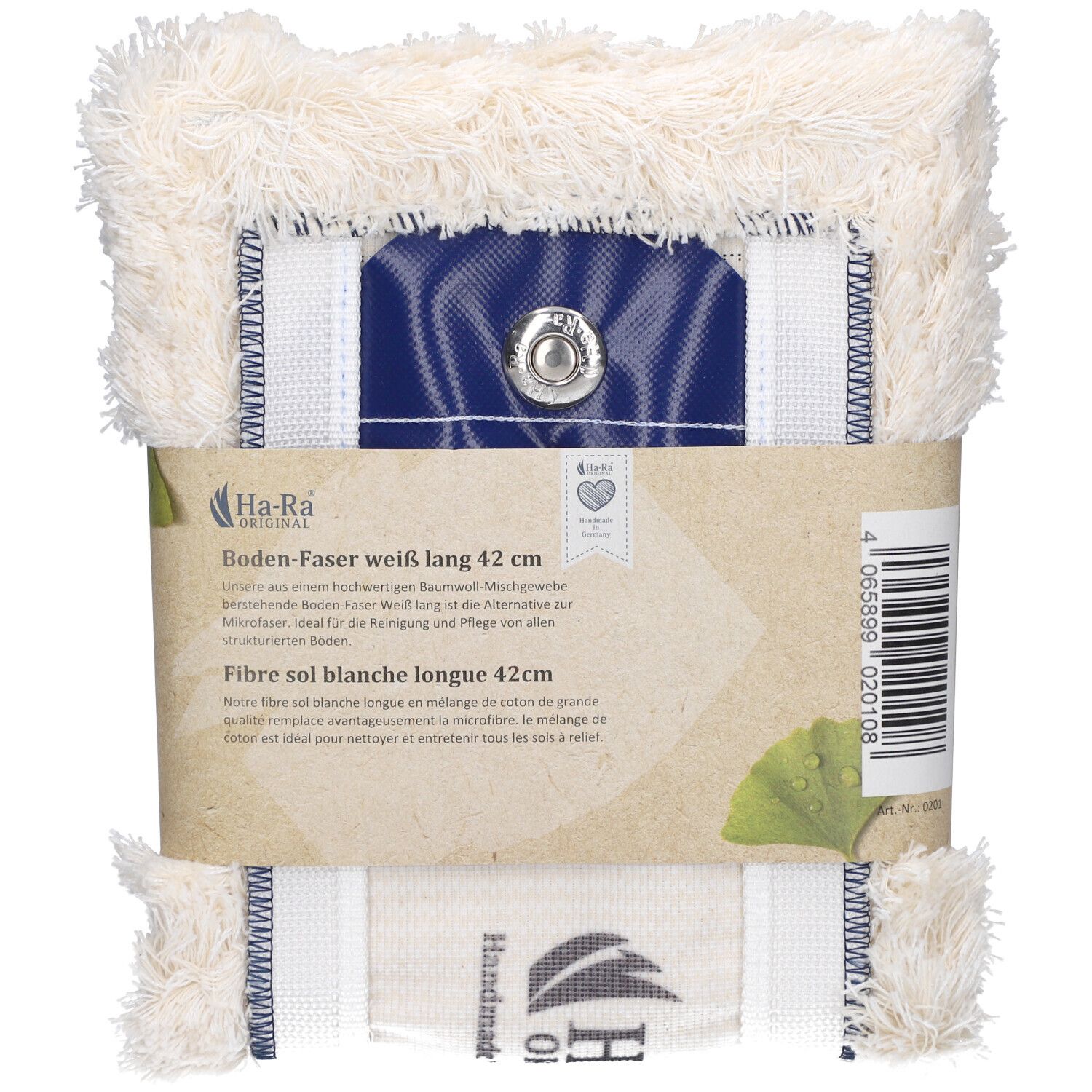 Fibre de sol rectangulaire blanche, 42 cm. Insert bleu avec bouton-pression. Emballage avec informations produit.