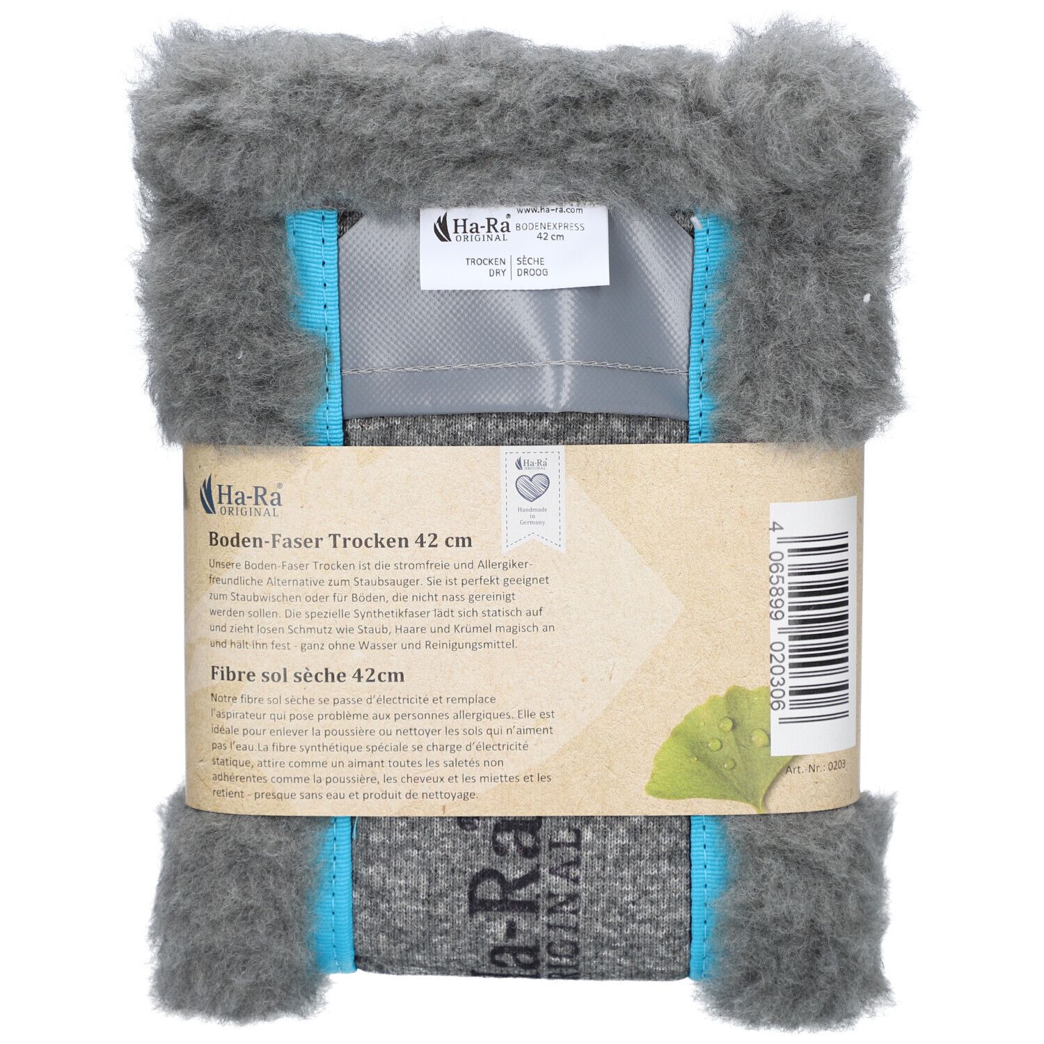 HA-RA Boden-Faser 42cm trocken grise. Form rectangulaire, matériau gris avec accents bleus. Emballage produit avec étiquette.