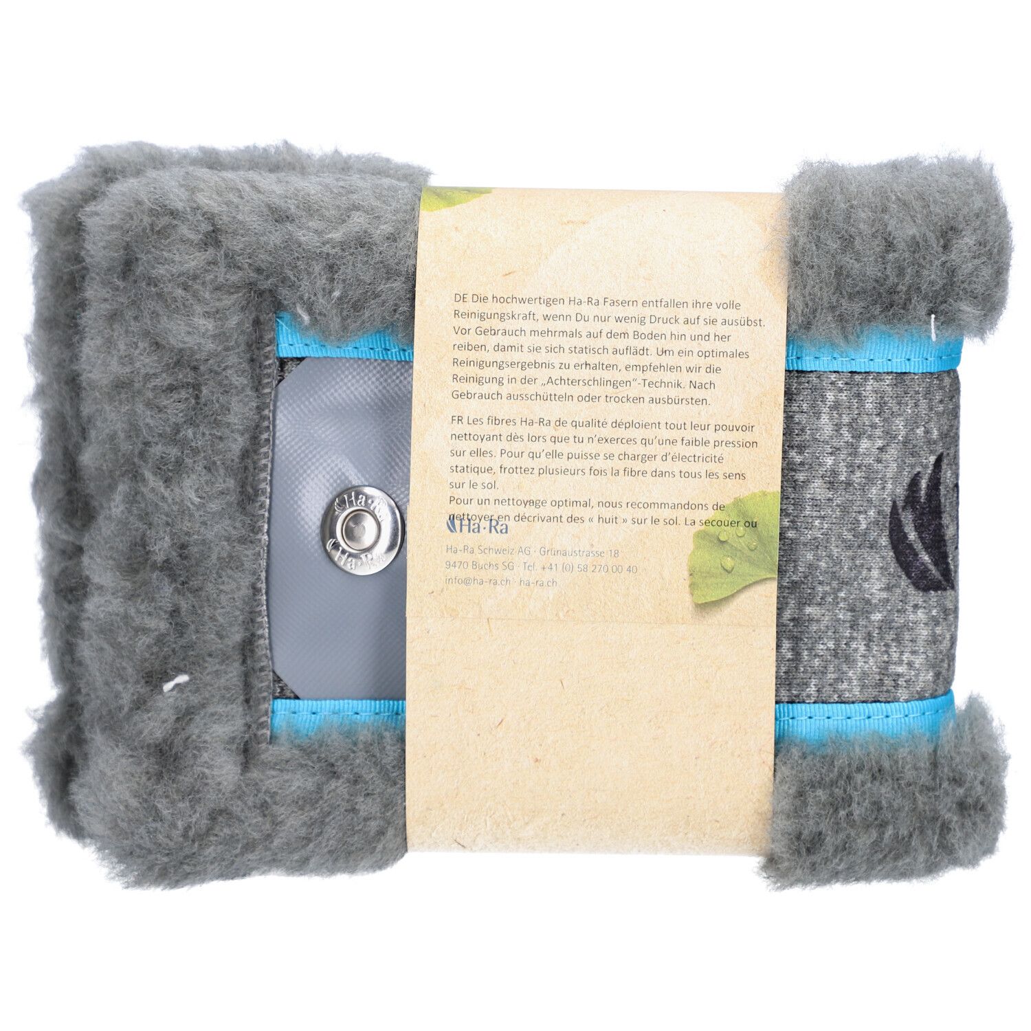 Dos de la HA-RA Boden-Faser 42cm trocken. Matériau gris, fermeture à bouton, emballage produit avec texte et logo.