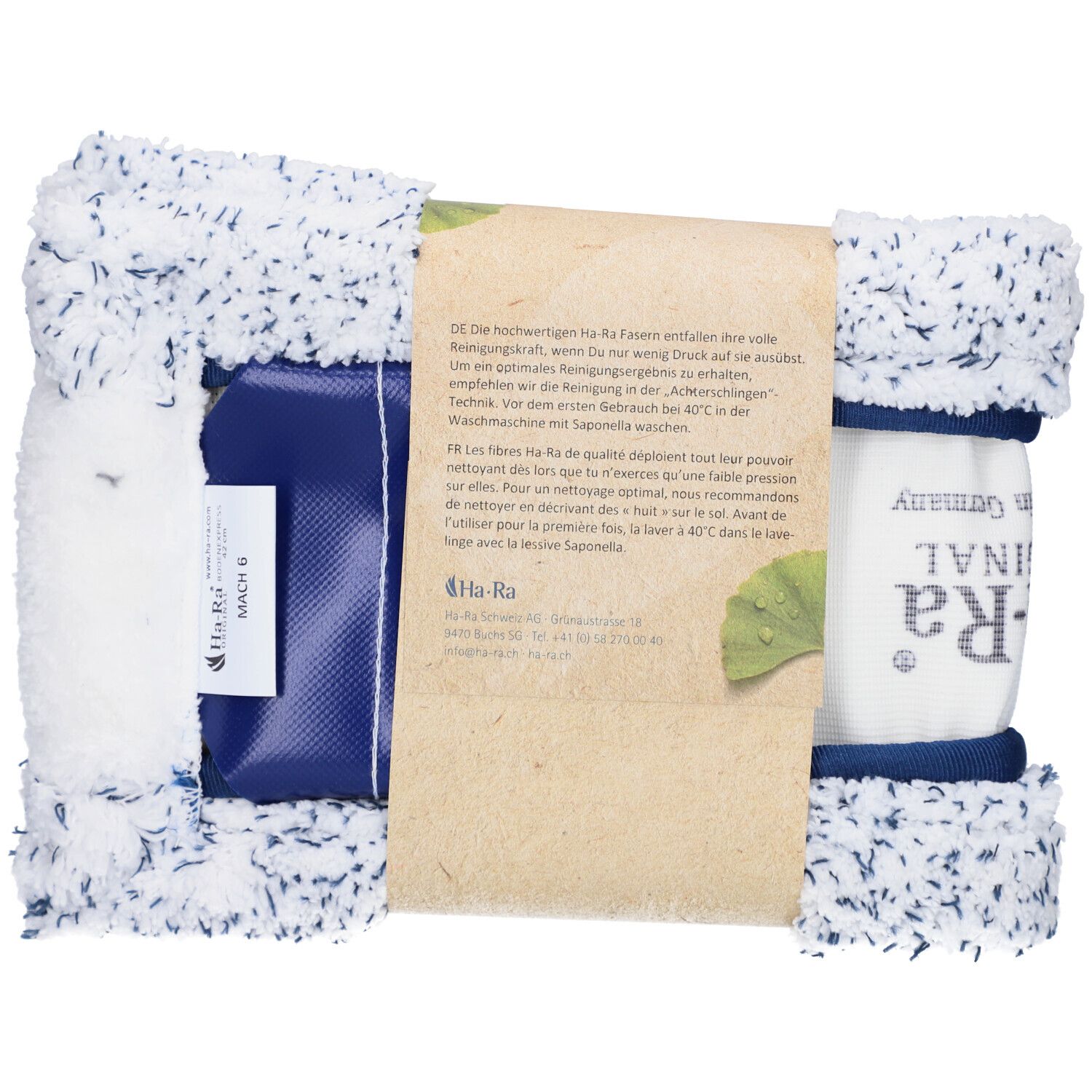 Ha-Ra Fibre sol Mach 6. Verso de l'emballage avec texte. Support bleu, fibre blanche à pois bleus.