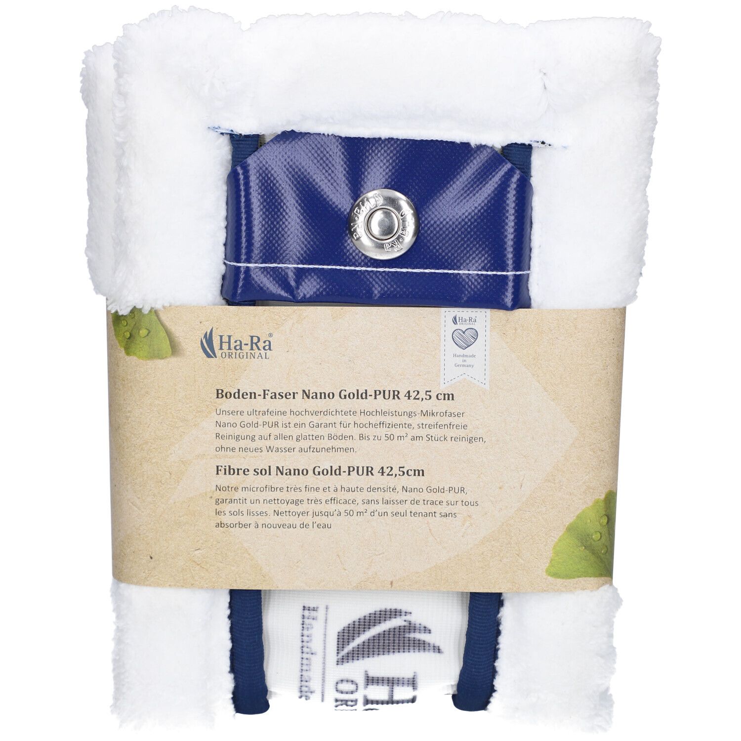 Chiffon de sol blanc avec élément bleu et bouton-pression. Inscription: Ha-Ra Original, Boden-Faser Nano Gold-PUR 42,5 cm.