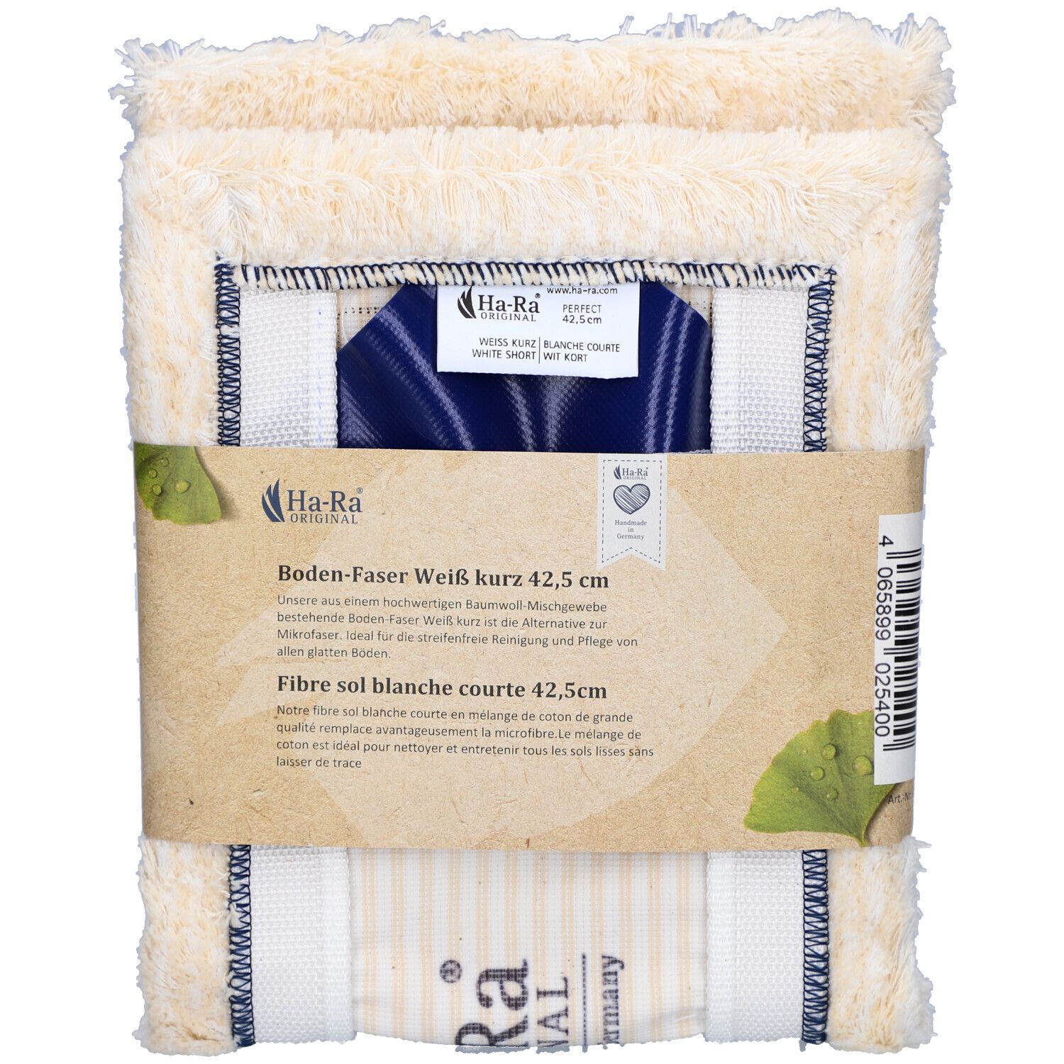 Vloervezel wit/kort, 42,5 cm. Rechthoekige reinigingsdoeken, verpakt. Productlabel met productnaam en logo.
