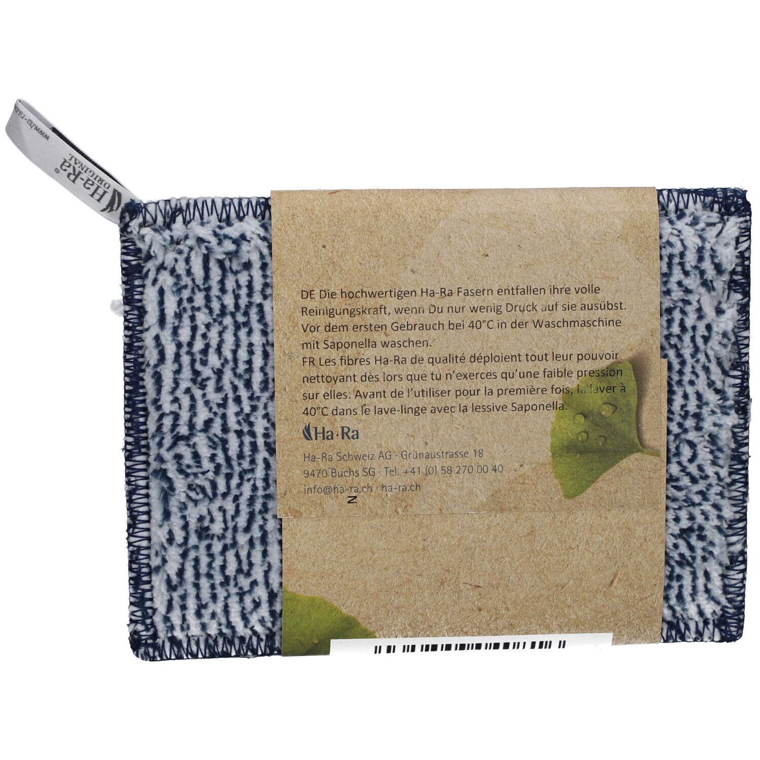 Dos du chiffon de nettoyage bleu avec étiquette. Texte sur l'emballage: informations sur le produit et logo Ha-Ra.