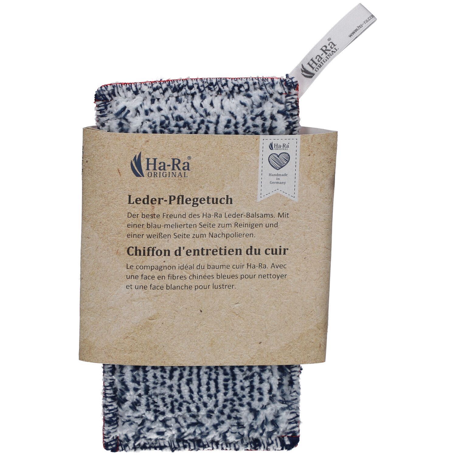 Chiffon d'entretien du cuir avec emballage. Texte: Ha-Ra Original, Leder-Pflegetuch, Chiffon d'entretien du cuir. Handmade.