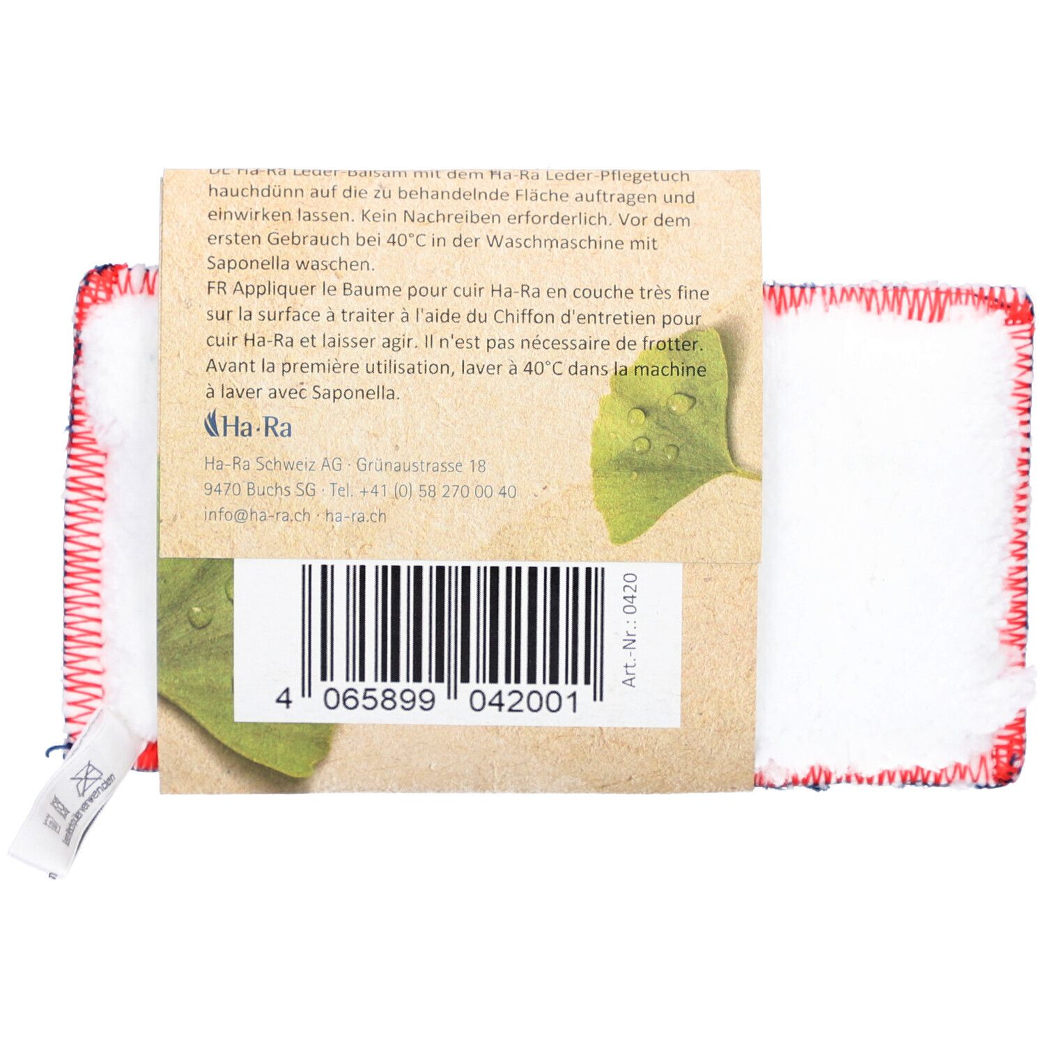 Dos de l'emballage avec texte et code-barres. Texte: Ha-Ra, Lederbalsam, Saponella. Art.-Nr.: 0420.