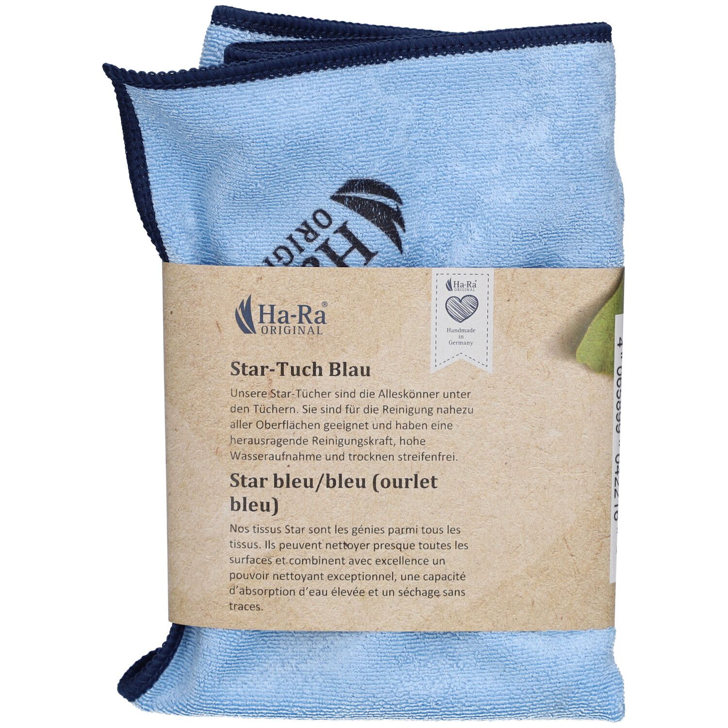Deux chiffons bleus en microfibre avec bordures bleu foncé, emballés avec une bande de papier. Inscription: Ha-Ra Original, Star-Tuch blau.