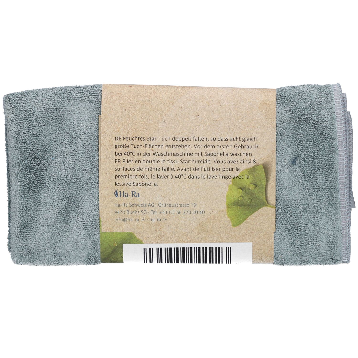 Star-Tuch anthracite roulé avec une bande de papier. Texte et code-barres sur la bande. Logo Ha-Ra visible.