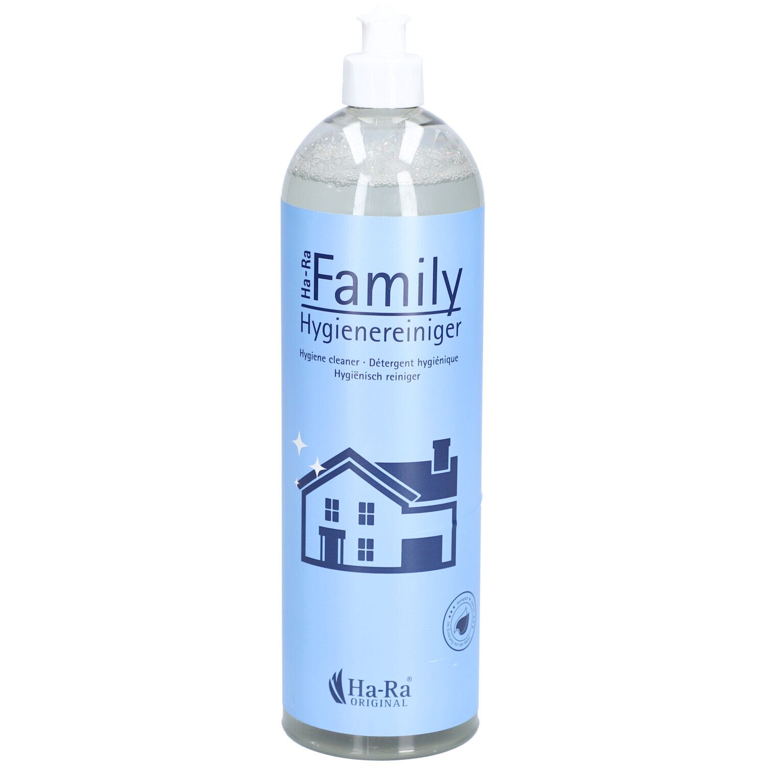Hygiënische reiniger fles met blauw etiket. Opschrift "Family Hygienereiniger". Huis-symbool. Merk: Ha-Ra Original.