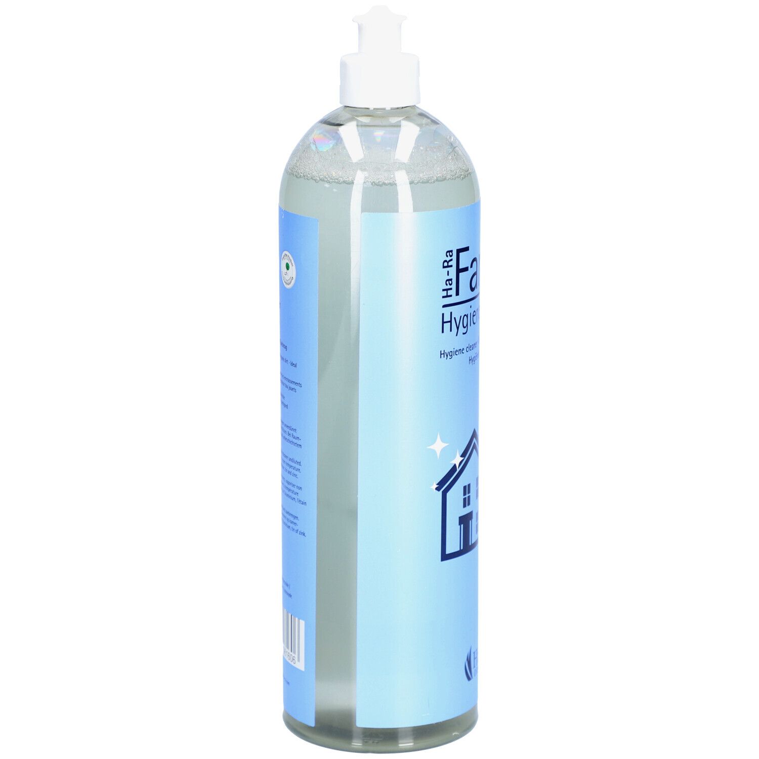Hygiënische reiniger fles, zijaanzicht. Blauw etiket met tekst en logo. Transparante vloeistof zichtbaar.