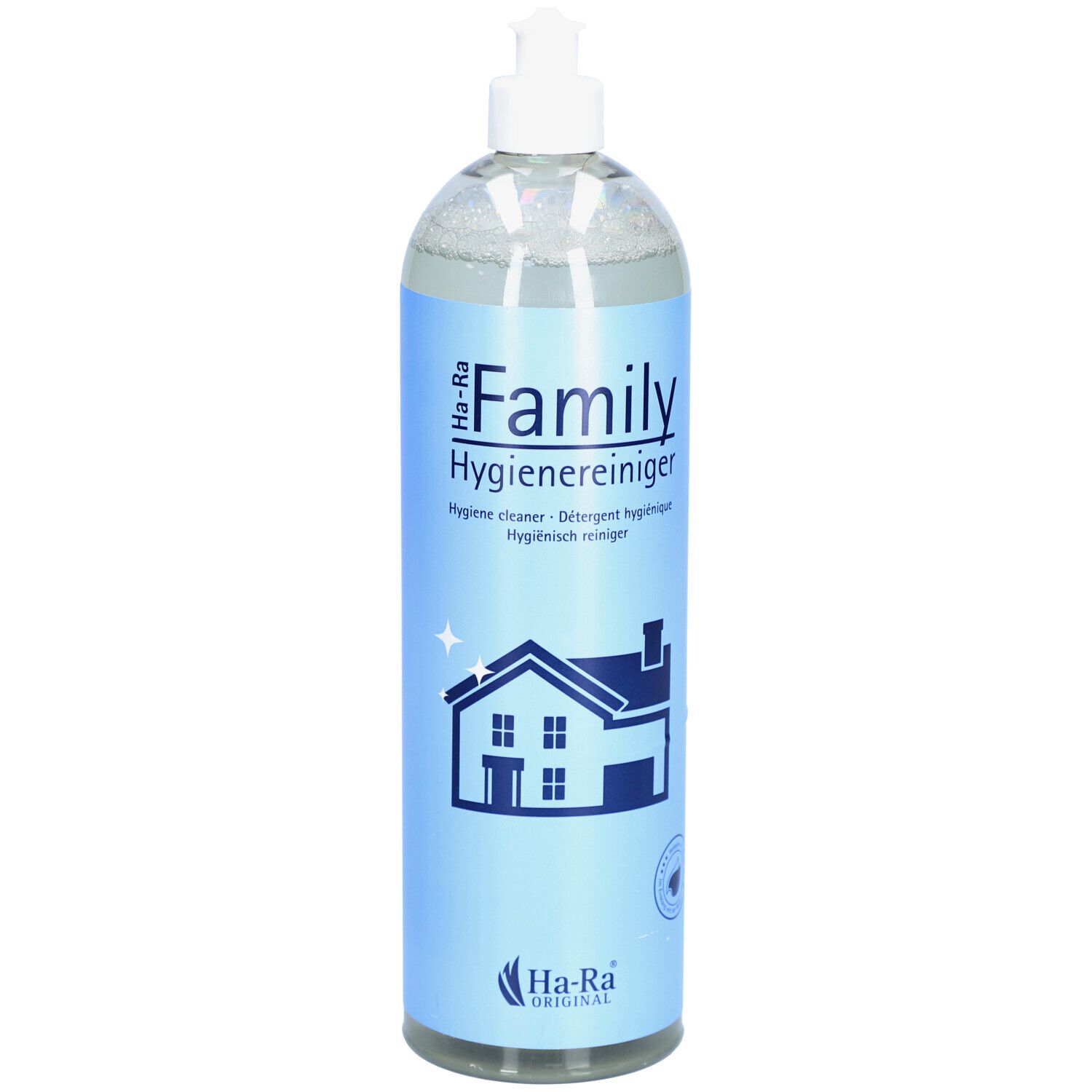 Hygiënische reiniger fles met blauw etiket. Opschrift "Family Hygienereiniger". Huis-symbool. Merk: Ha-Ra Original.