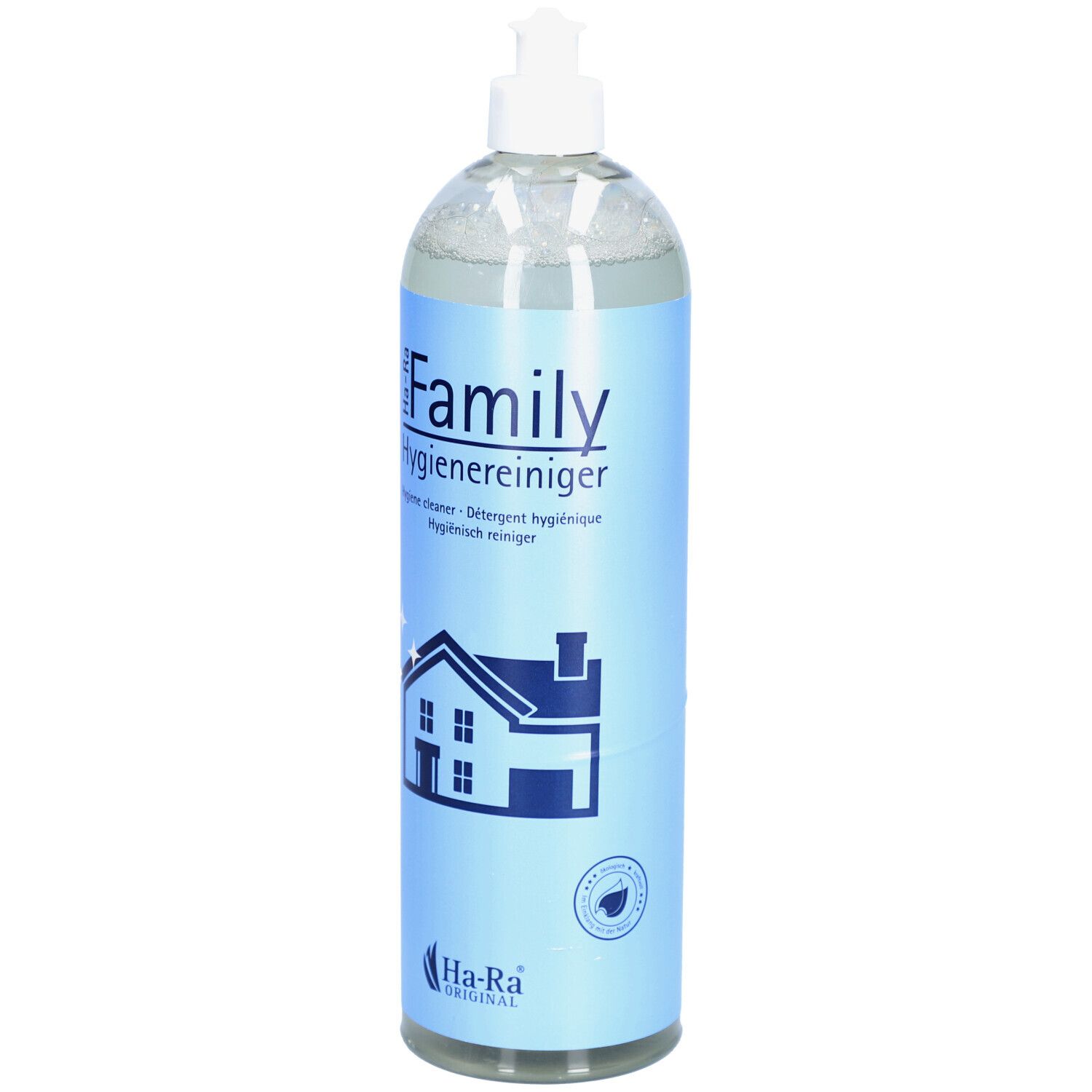 Hygiënische reiniger fles met blauw etiket. Opschrift "Family Hygienereiniger". Huis-symbool. Merk: Ha-Ra Original.