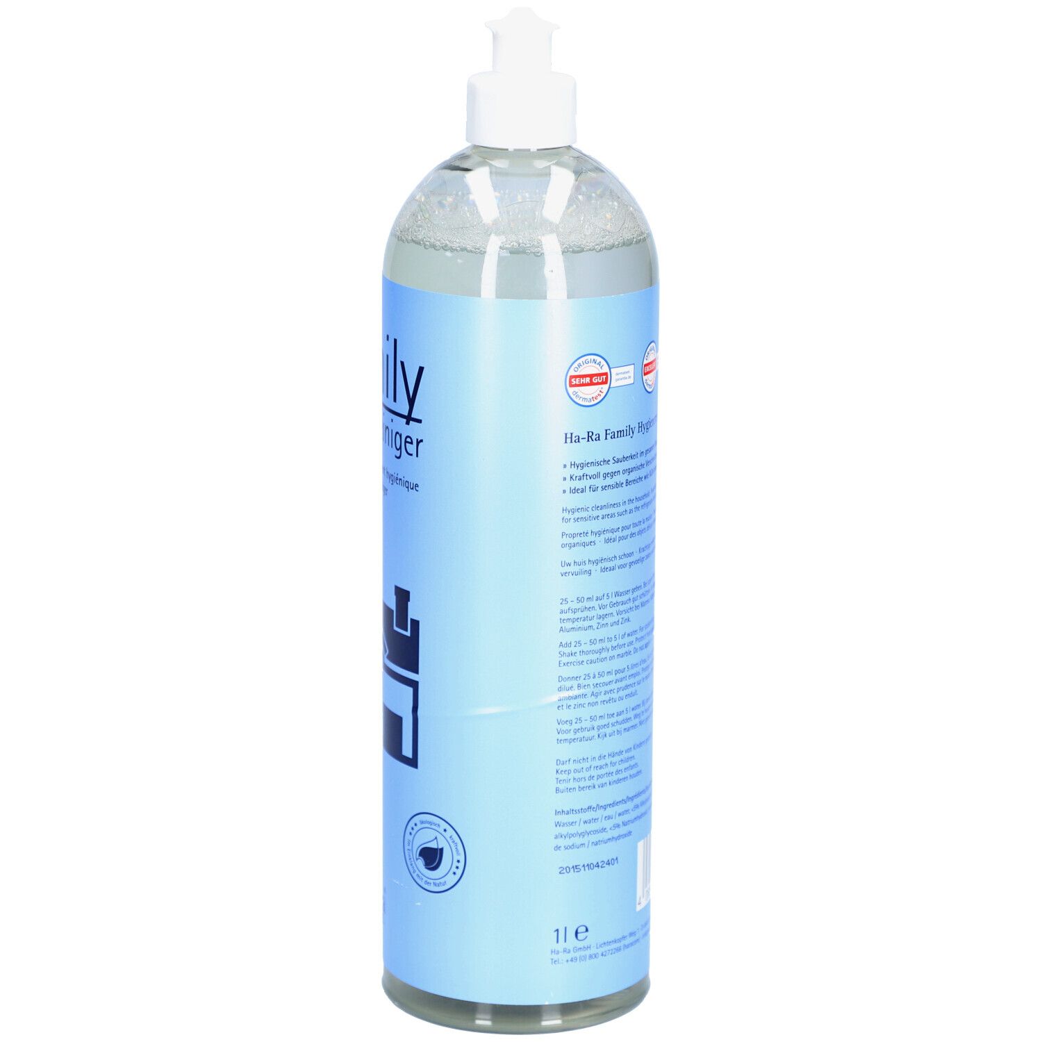 Hygiënische reiniger fles, zijaanzicht. Blauw etiket met tekst en logo. Volume-aanduiding: 1 l.