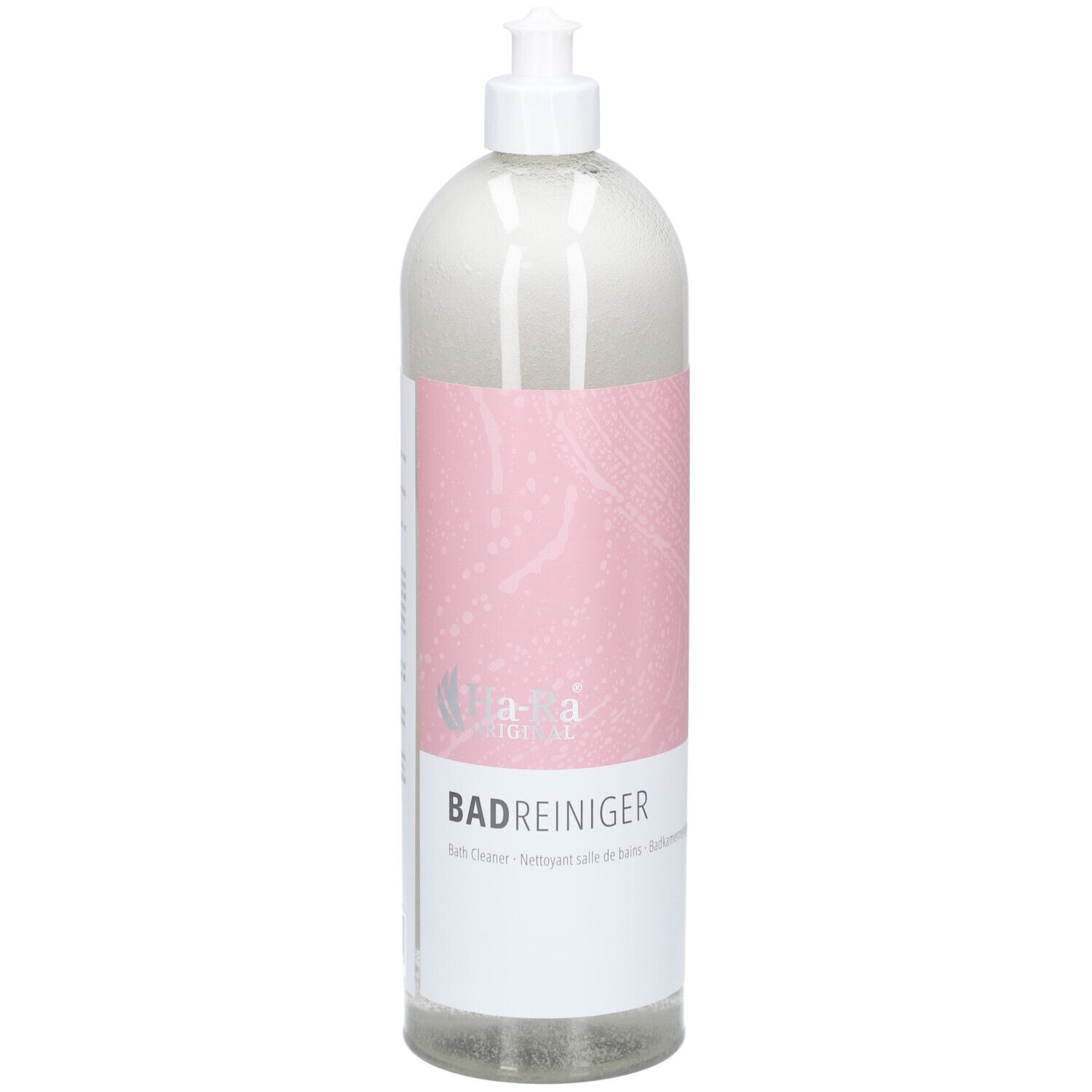 Bouteille transparente avec étiquette jaune. Inscription: Bad Reiniger. Avec tête de pulvérisation. Logo Ha-Ra.