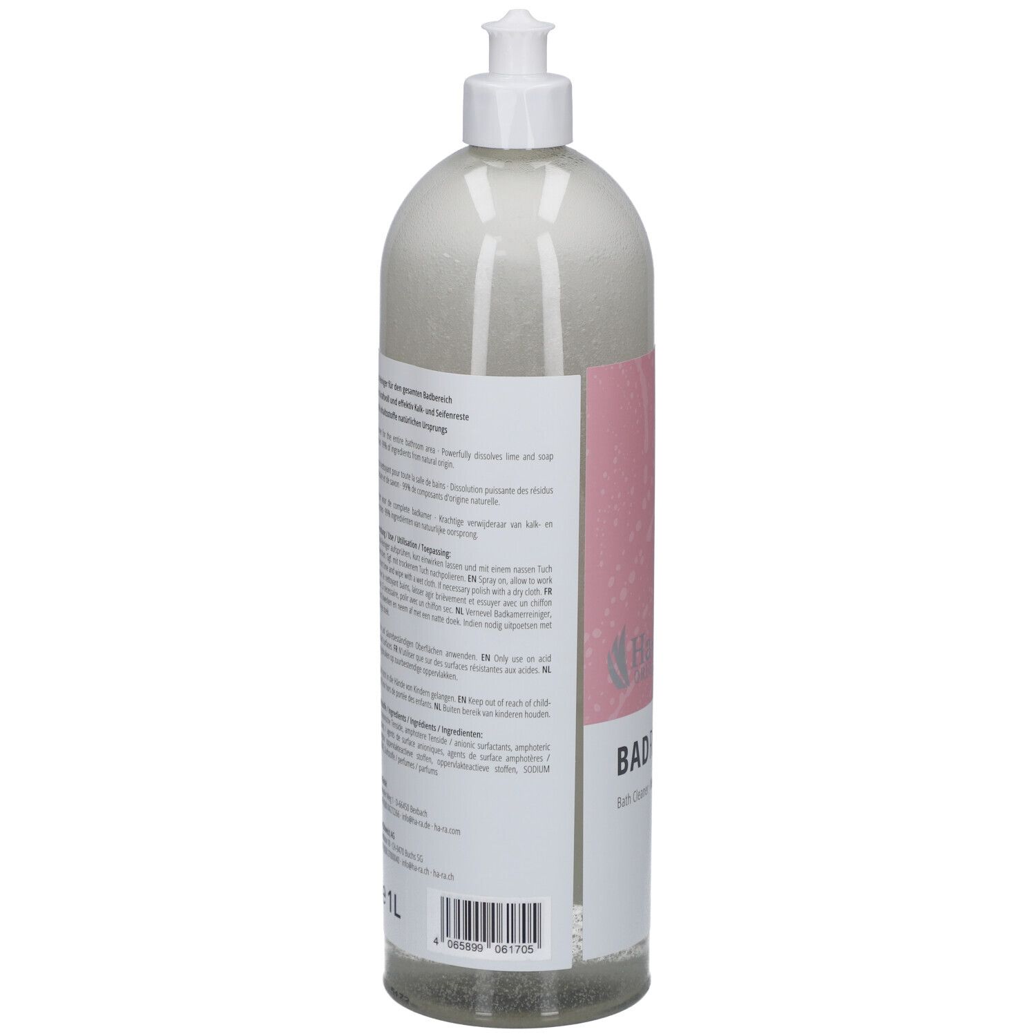 Bouteille transparente avec étiquette jaune. Inscription: Bad Reiniger. Avec tête de pulvérisation. Logo Ha-Ra.