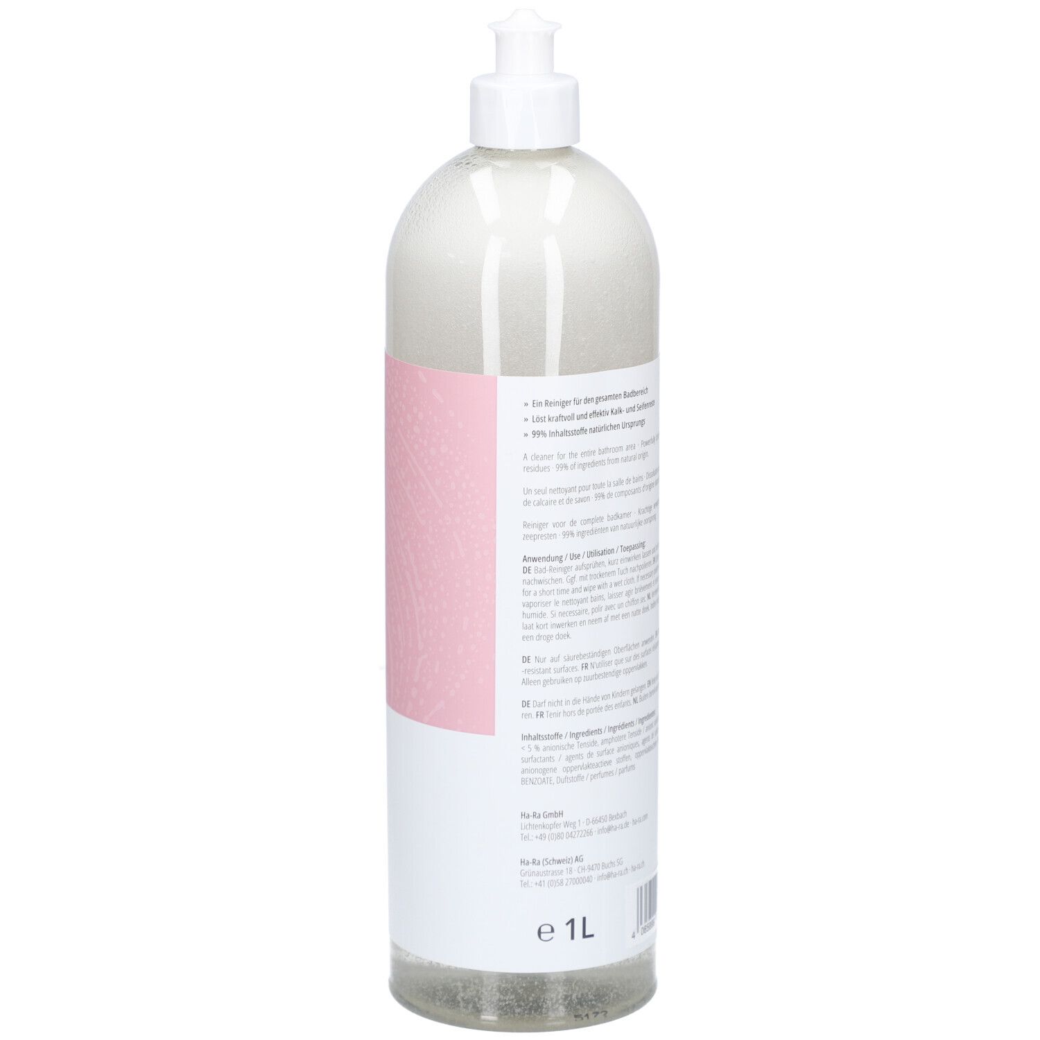 Dos de la bouteille transparente avec étiquette jaune. Texte et code-barres. Ha-Ra Bad Reiniger.