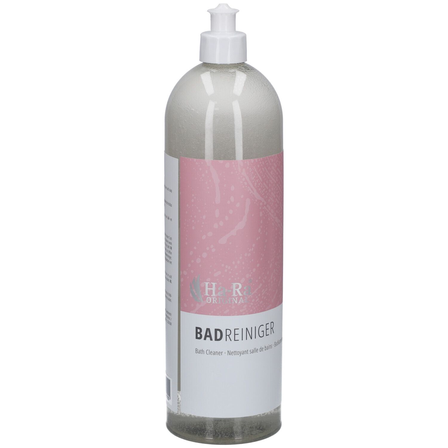 Bouteille transparente avec étiquette jaune. Inscription: Bad Reiniger. Avec tête de pulvérisation. Logo Ha-Ra.