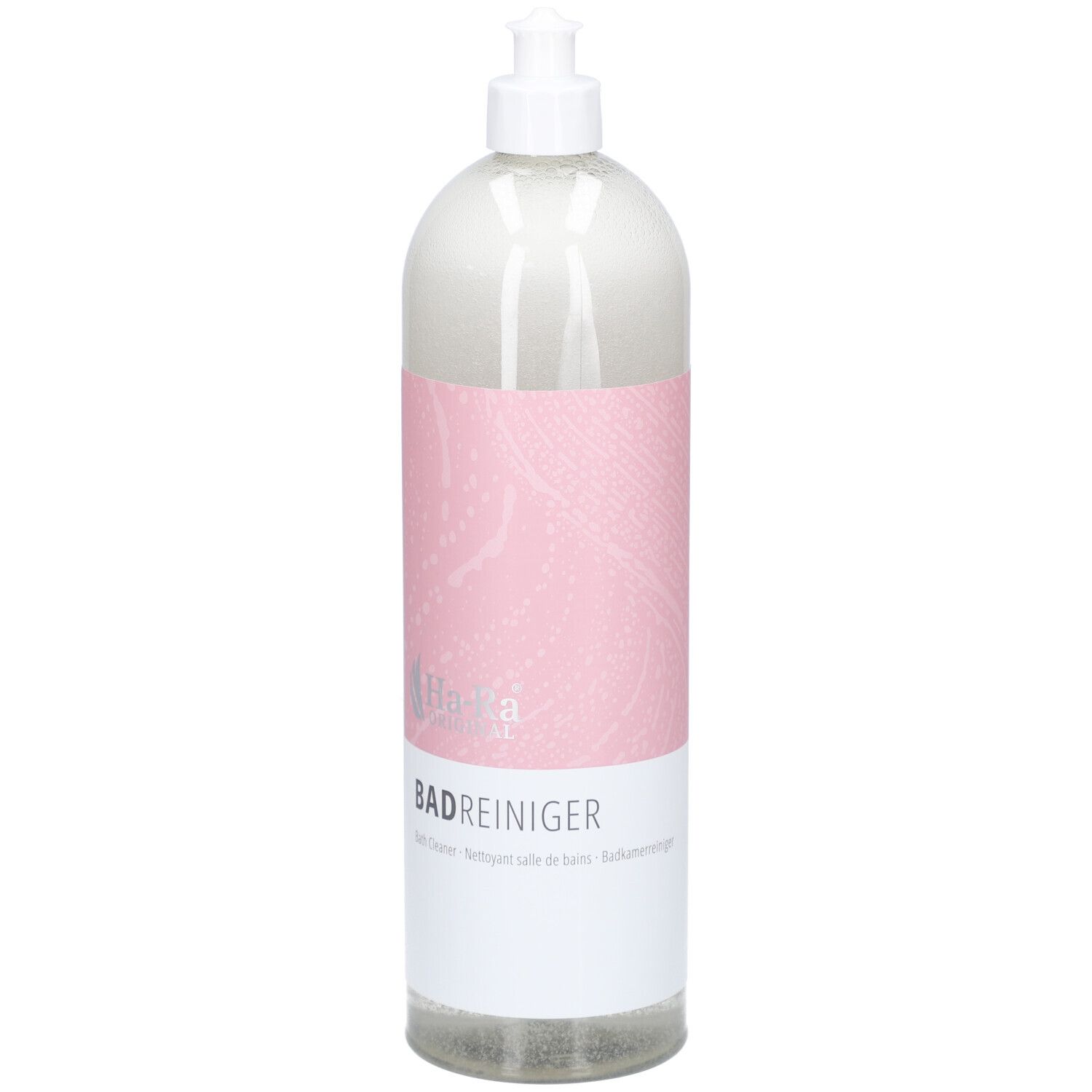 Bouteille transparente avec étiquette jaune. Inscription: Bad Reiniger. Avec tête de pulvérisation. Logo Ha-Ra.