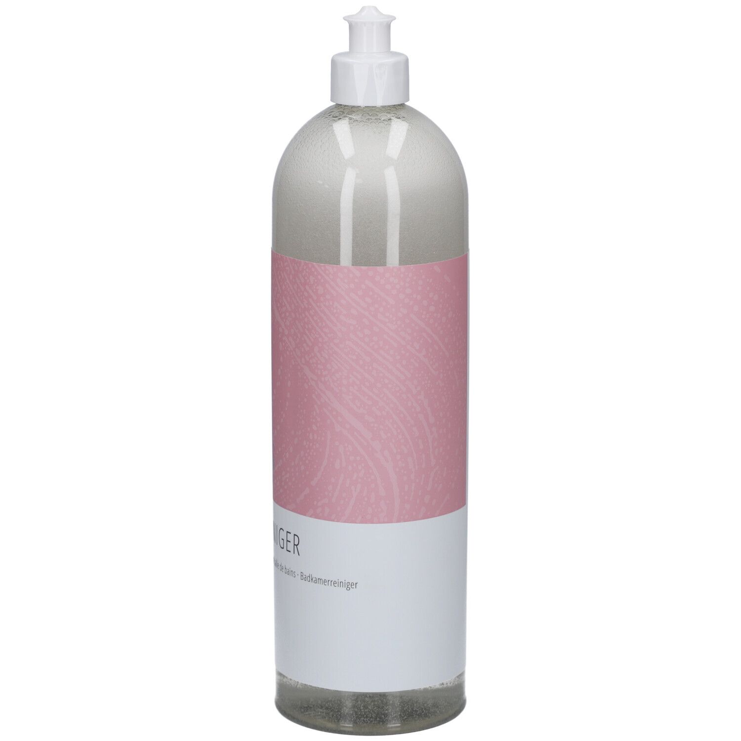 Dos de la bouteille transparente avec étiquette jaune. Texte et code-barres. Ha-Ra Bad Reiniger.