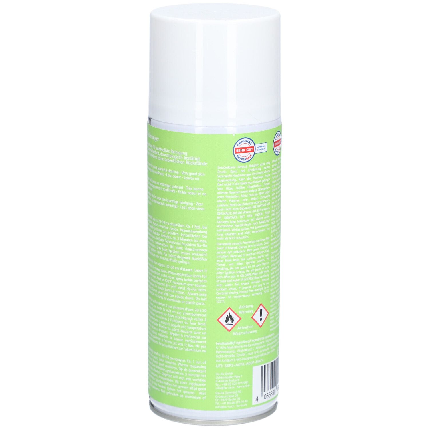 Dos de la bombe de spray nettoyant. Texte en plusieurs langues. Avertissements et certifications.