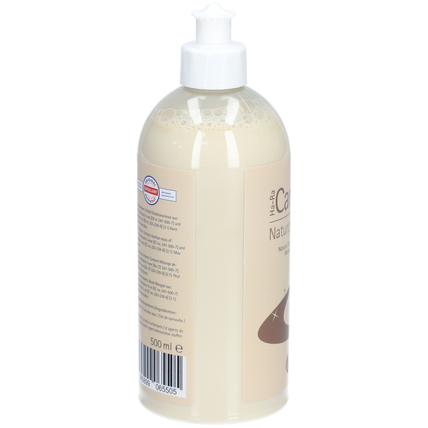 Flacon avec pompe blanche. Dos avec texte et code-barres. Volume: 500 ml.