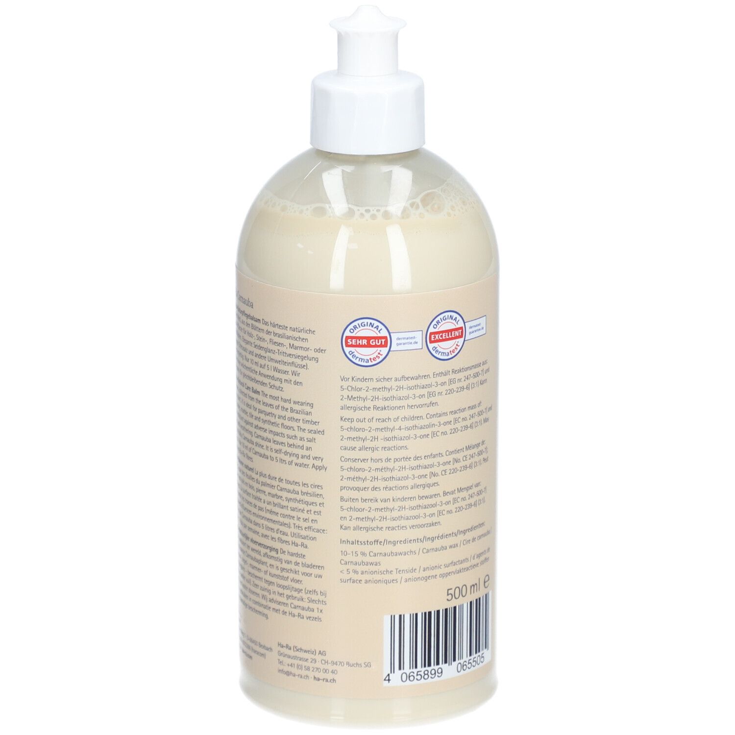 Flacon avec pompe blanche. Dos avec texte et labels de qualité. Volume: 500 ml.