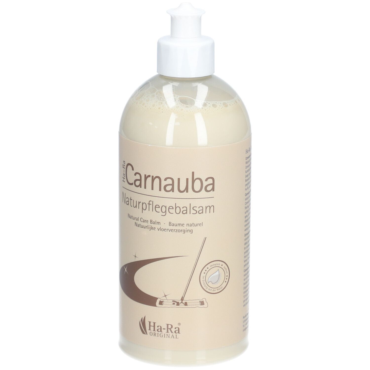 Flacon avec pompe blanche. Inscription: Carnauba Naturpflegebalsam. Marque: Ha-Ra Original.