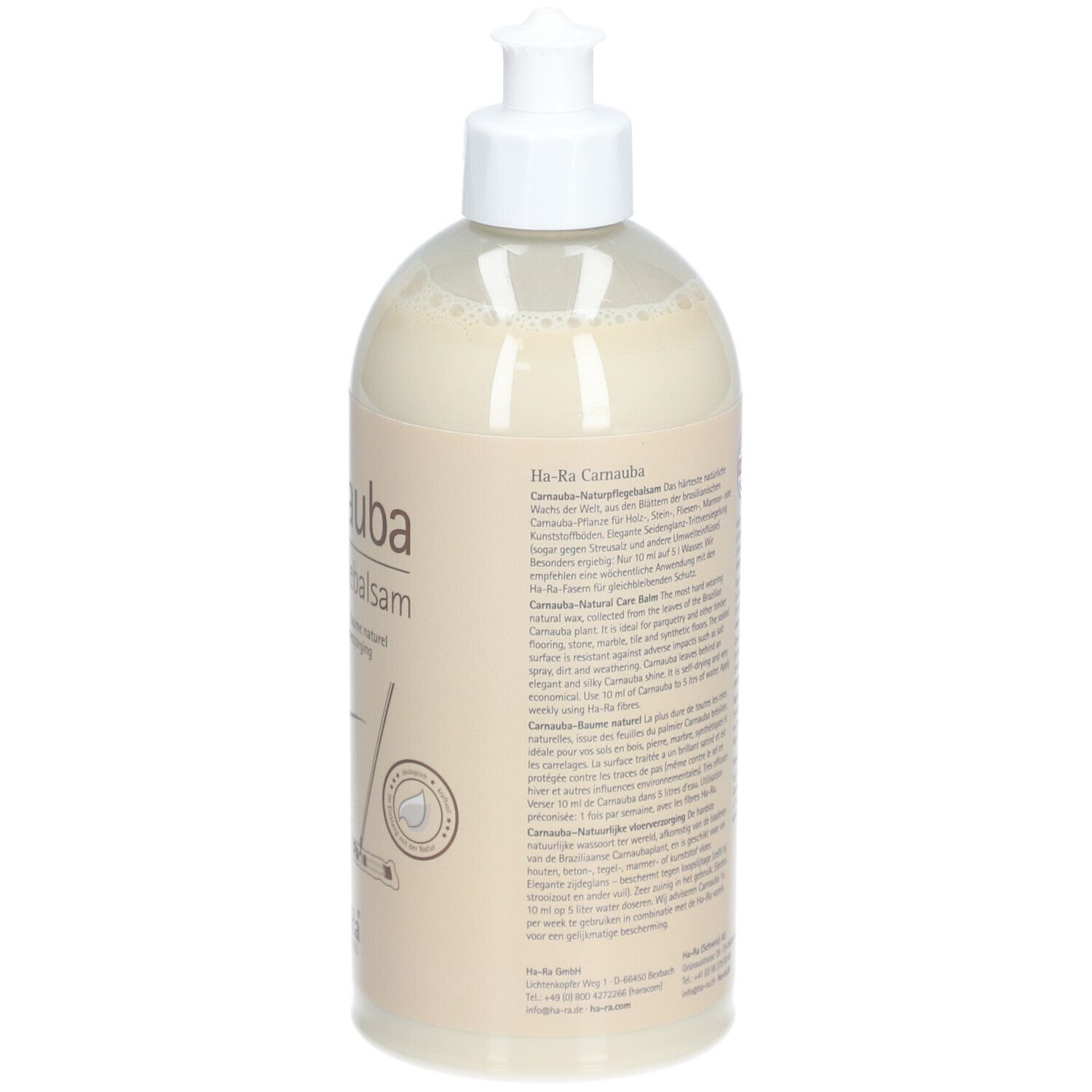 Flacon avec pompe blanche. Dos avec texte. Volume: 500 ml. Marque: Ha-Ra Carnauba.